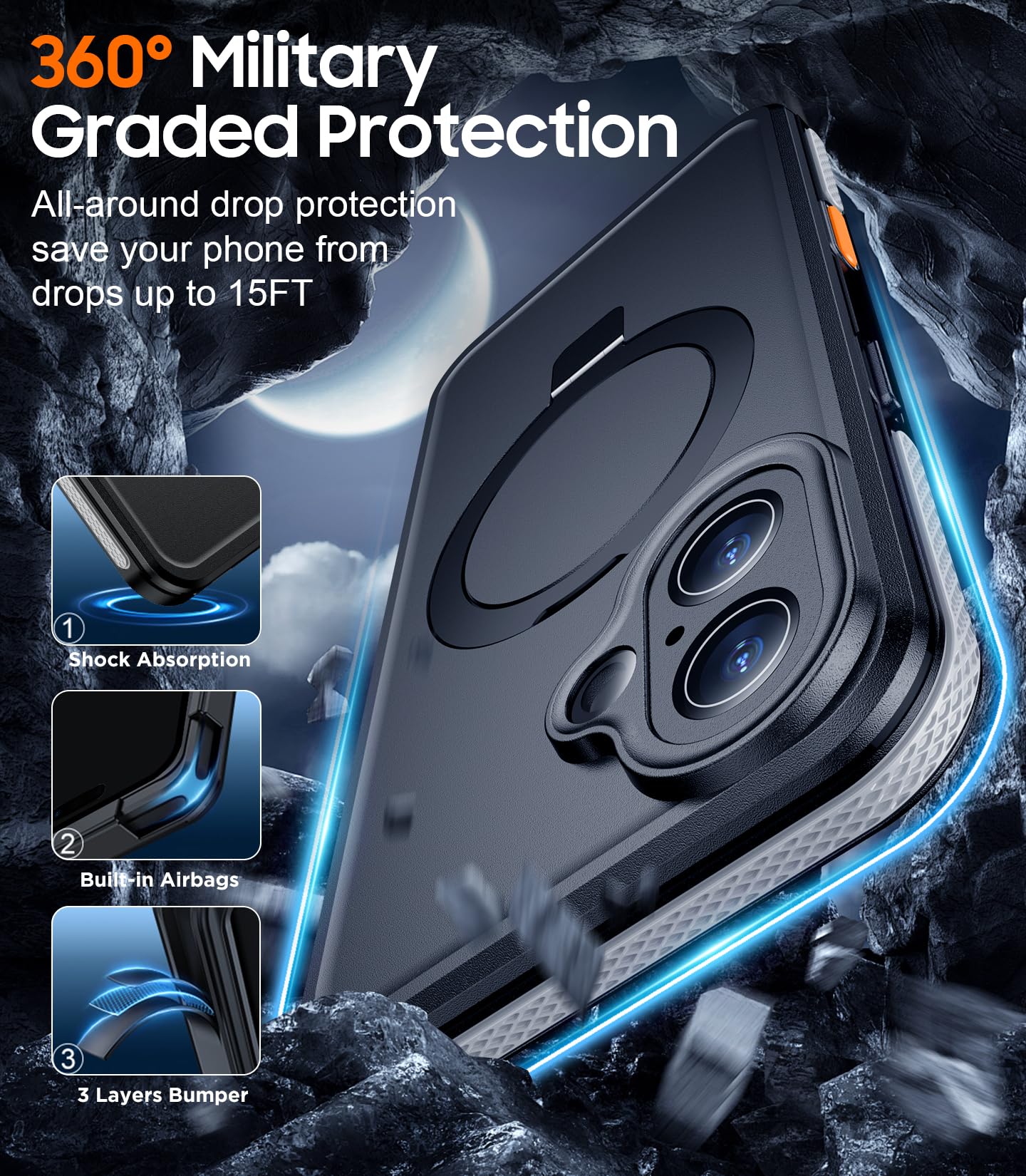 Temdan Magnetic For Iphone 16 Case Waterproof, [Built In Ring Invisible Stand & Screen Protector][Ip68 Underwater][Dropproof][Du