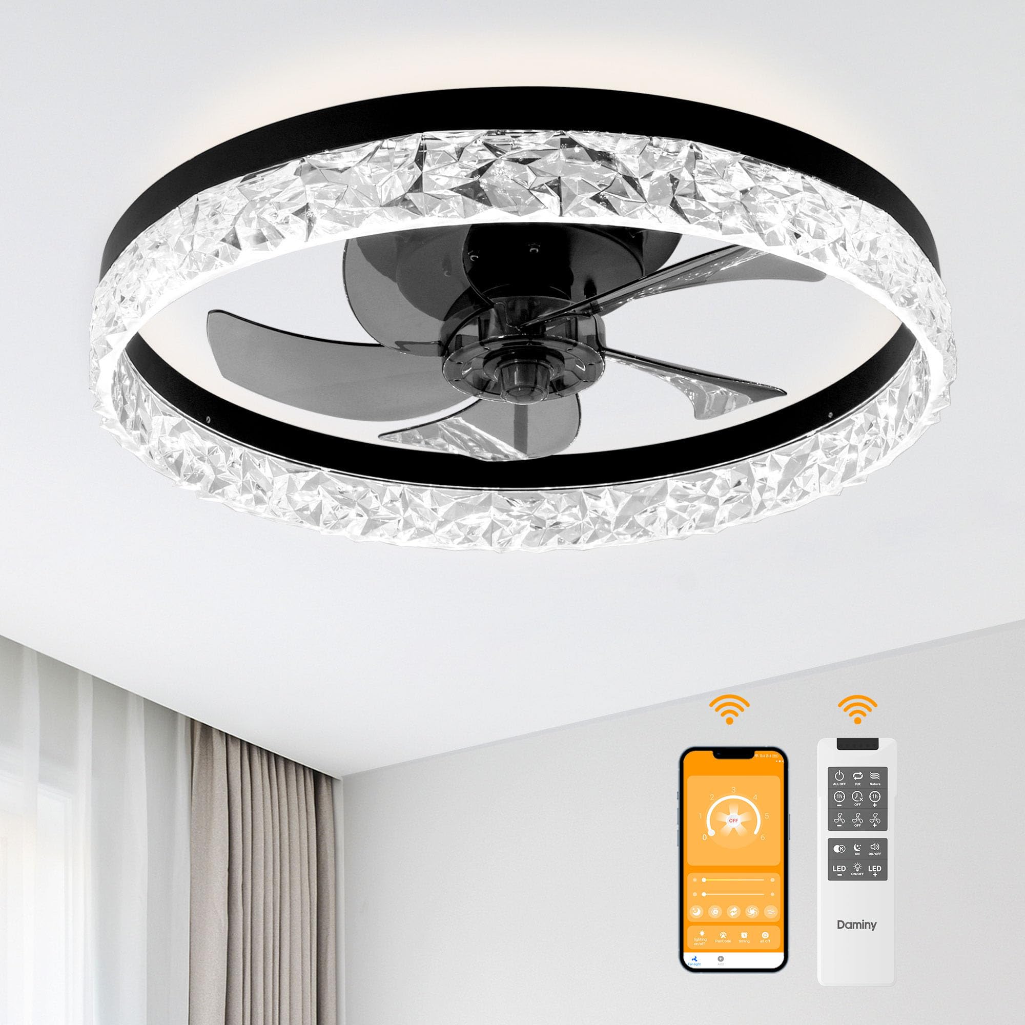 DAMINY Ceiling Fans with Lights and Remote, 6CCT,Dimmable Low Profile Ceiling Fan with Light, Flush Mount Bladeless Ceiling Fan,
