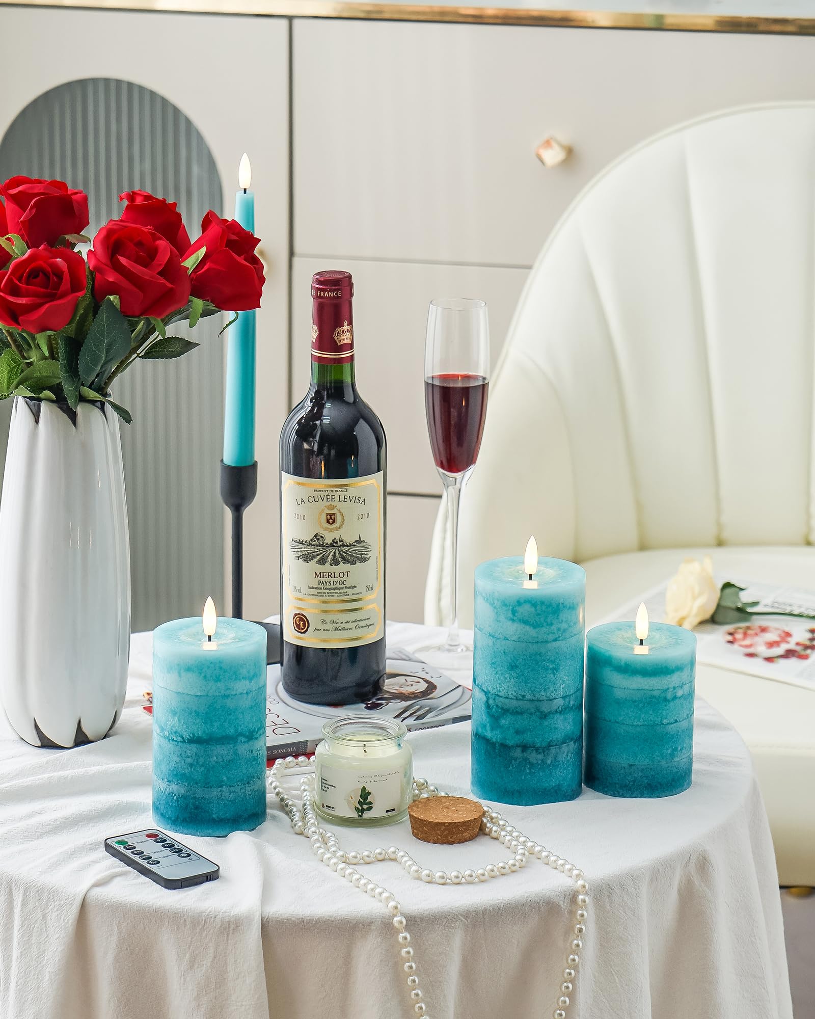 Stmarry Gradient Teal Flameless Candles With Remote And Timer, Real Wax Made Led Pillar Candles Battery Operated With 3D Flicker