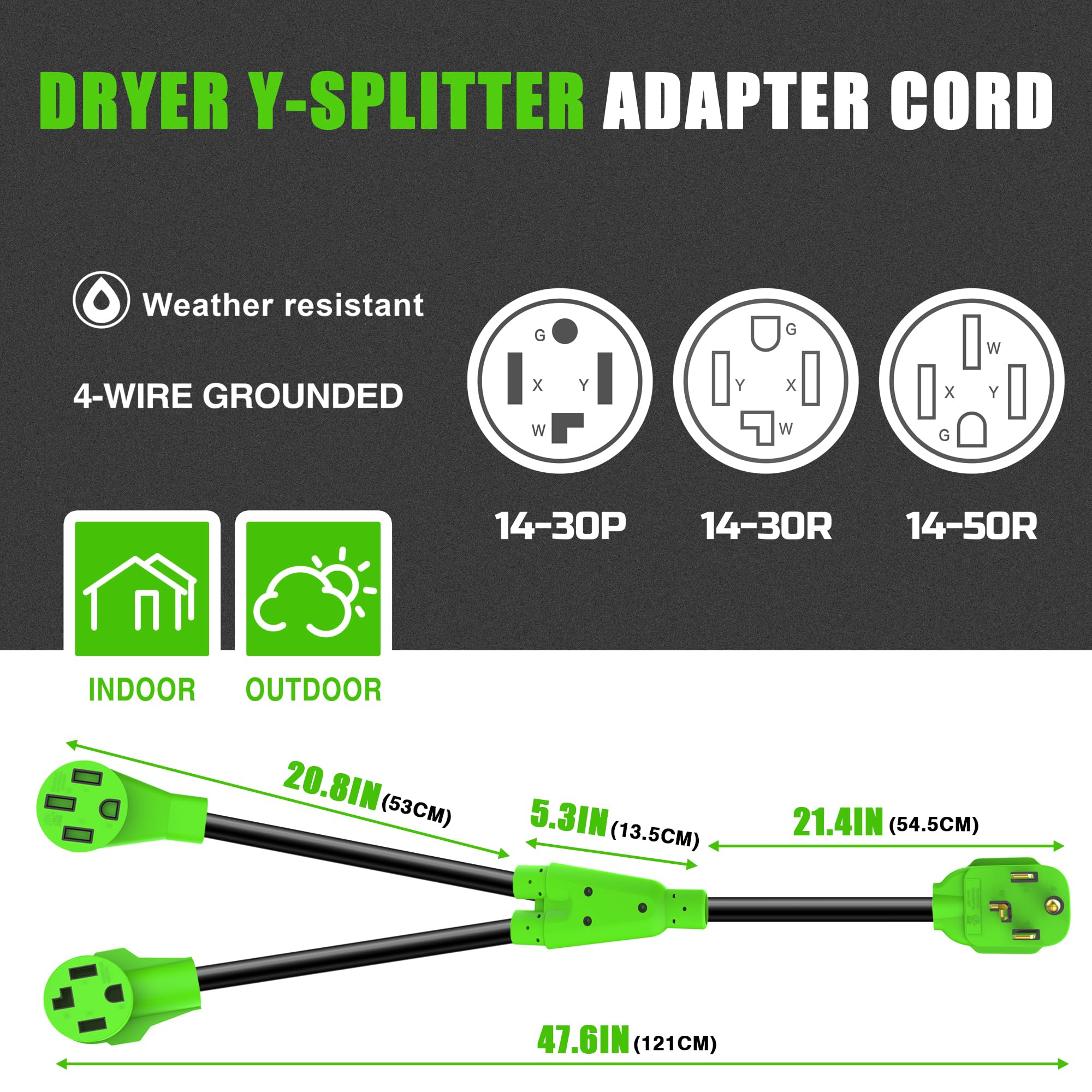 Evmaster Nema 14 30P To 14 30R/14 50R Dryer Y Adapter Splitter,4 Prong Dryer Outlet Plug Adapter Cord,250 Volt,10 Awg Stw,30 Amp
