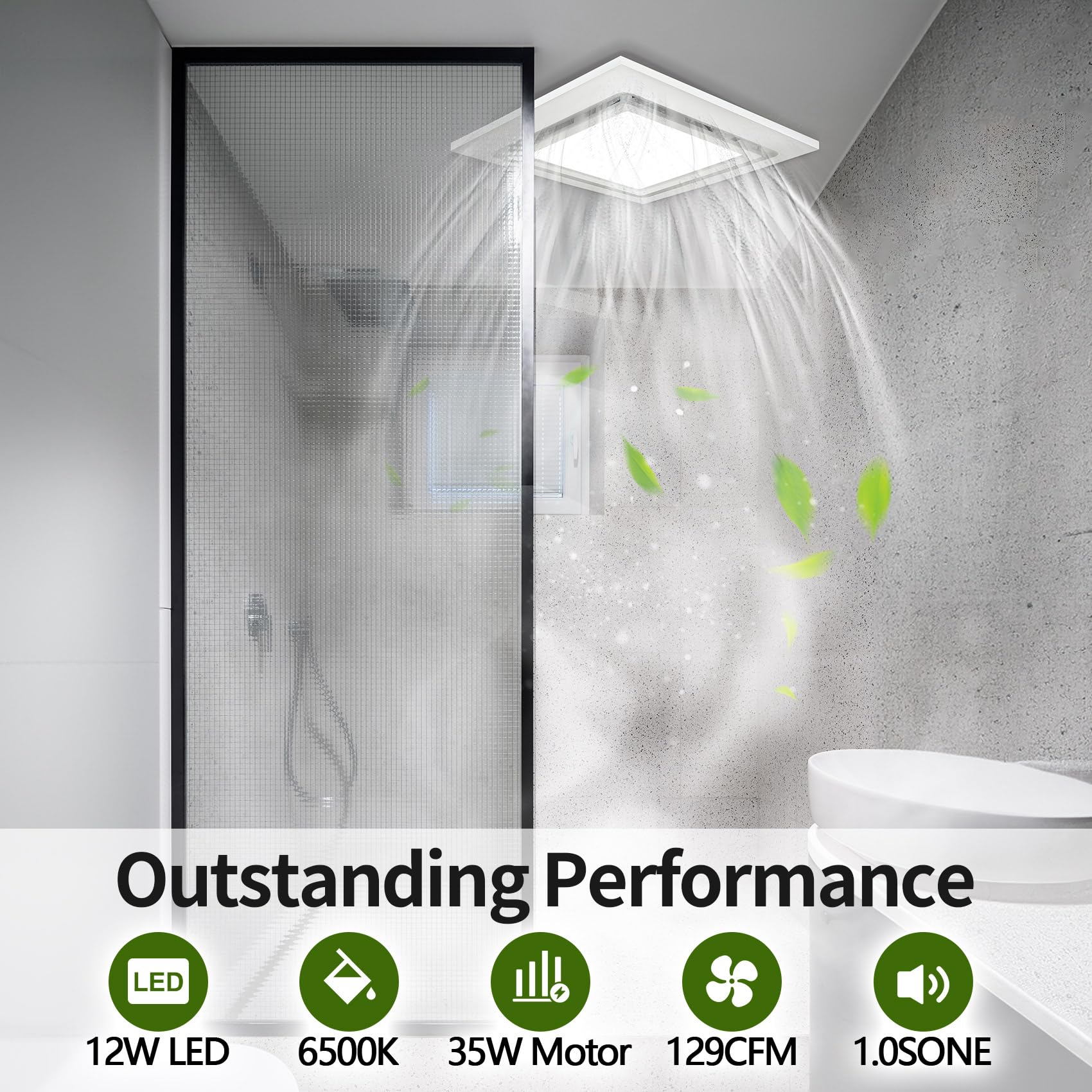 Tepu 9.8In Bathroom Exhaust Fan With Light, 129 Cfm Quiet Bathroom Exhaust Fan With 6500K 12W Led Light For Bathrooms, Toilets,