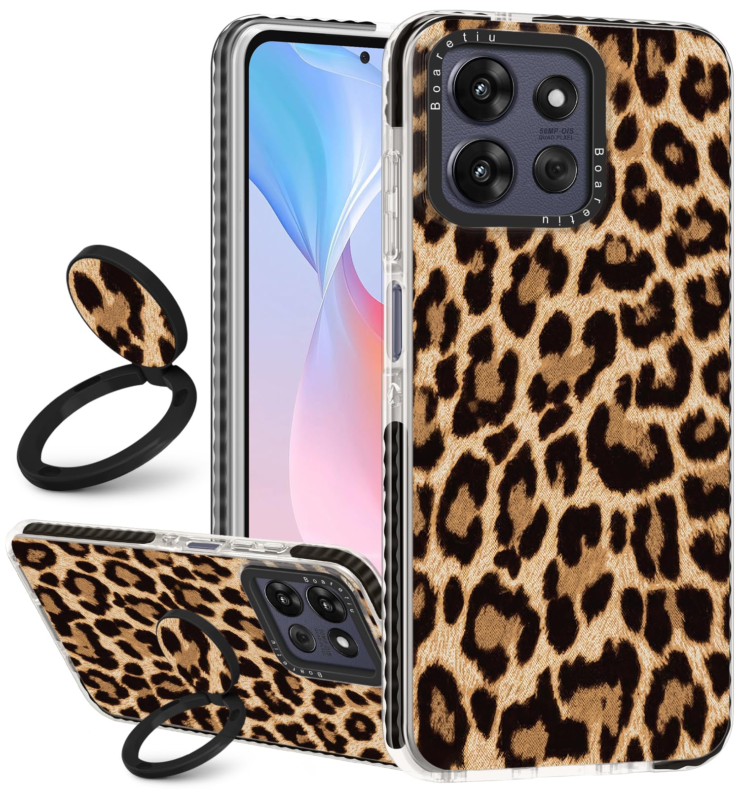 Boaretiu for Motorola Moto G Power/Play 2025 Case - with Stand Cute Kawaii Fashion 360 Rotate Ring Holder Kickstand Leopard for 