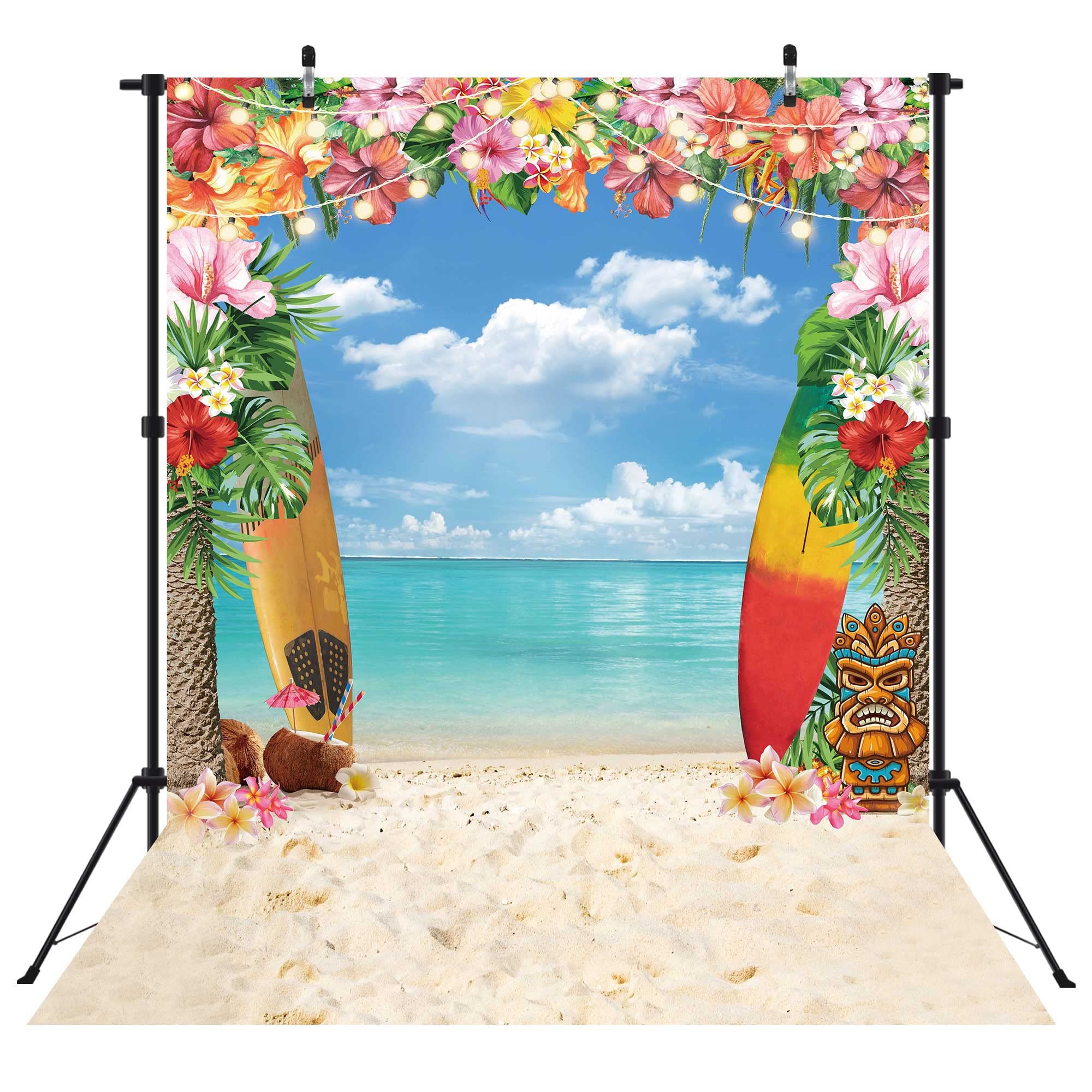 Livucee 5X7Ft Summer Hawaiian Beach Backdrop For Photography Tropical Flower Luau Hawaiian Party Decorations Aloha Blue Sky Ocea