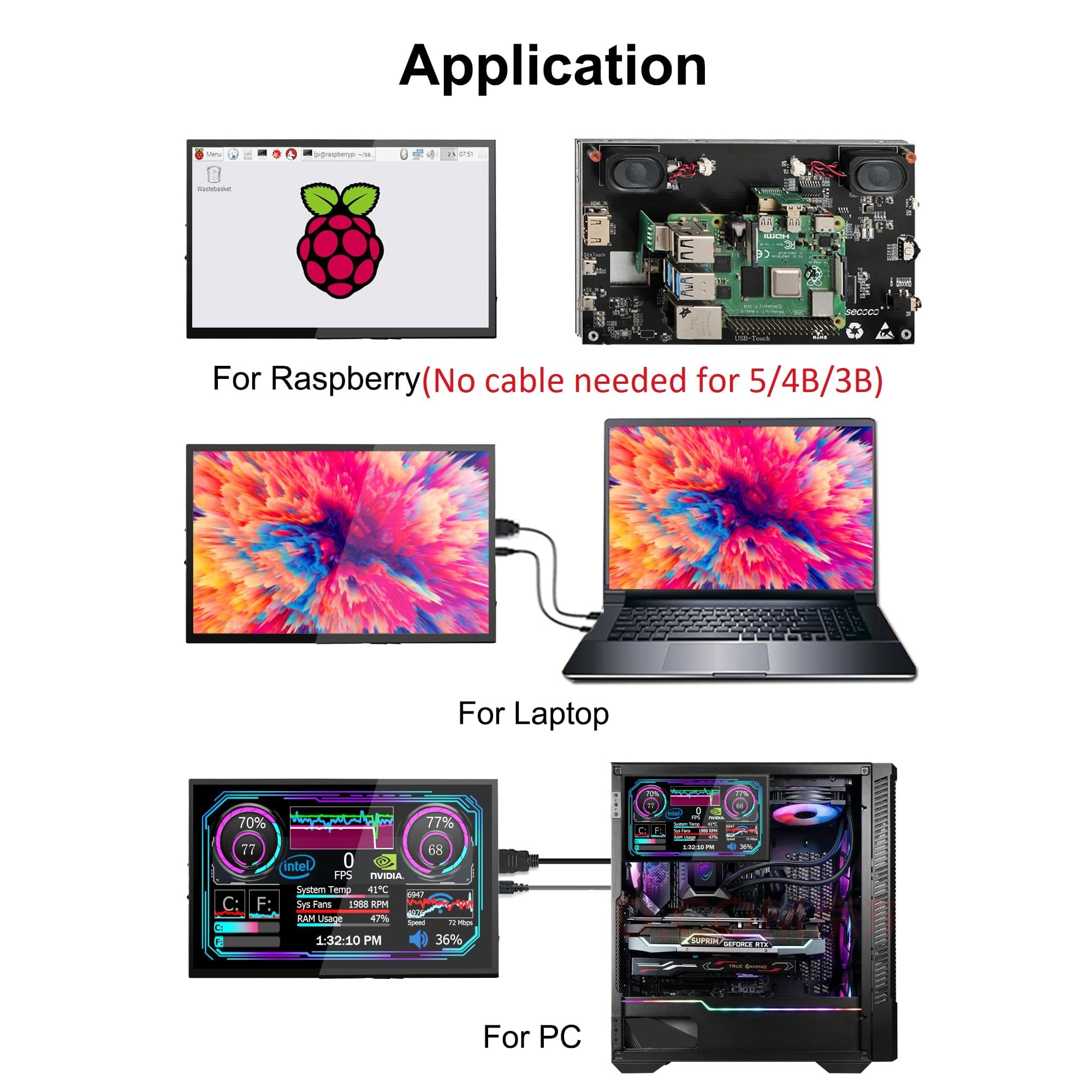 Wisecoco 7 Inch Lcd Touch Screen For Raspberry Pi Portable Monitor Ips 1024 * 600 No Cable Needed Dual Speaker With Osd Hdmi Tou