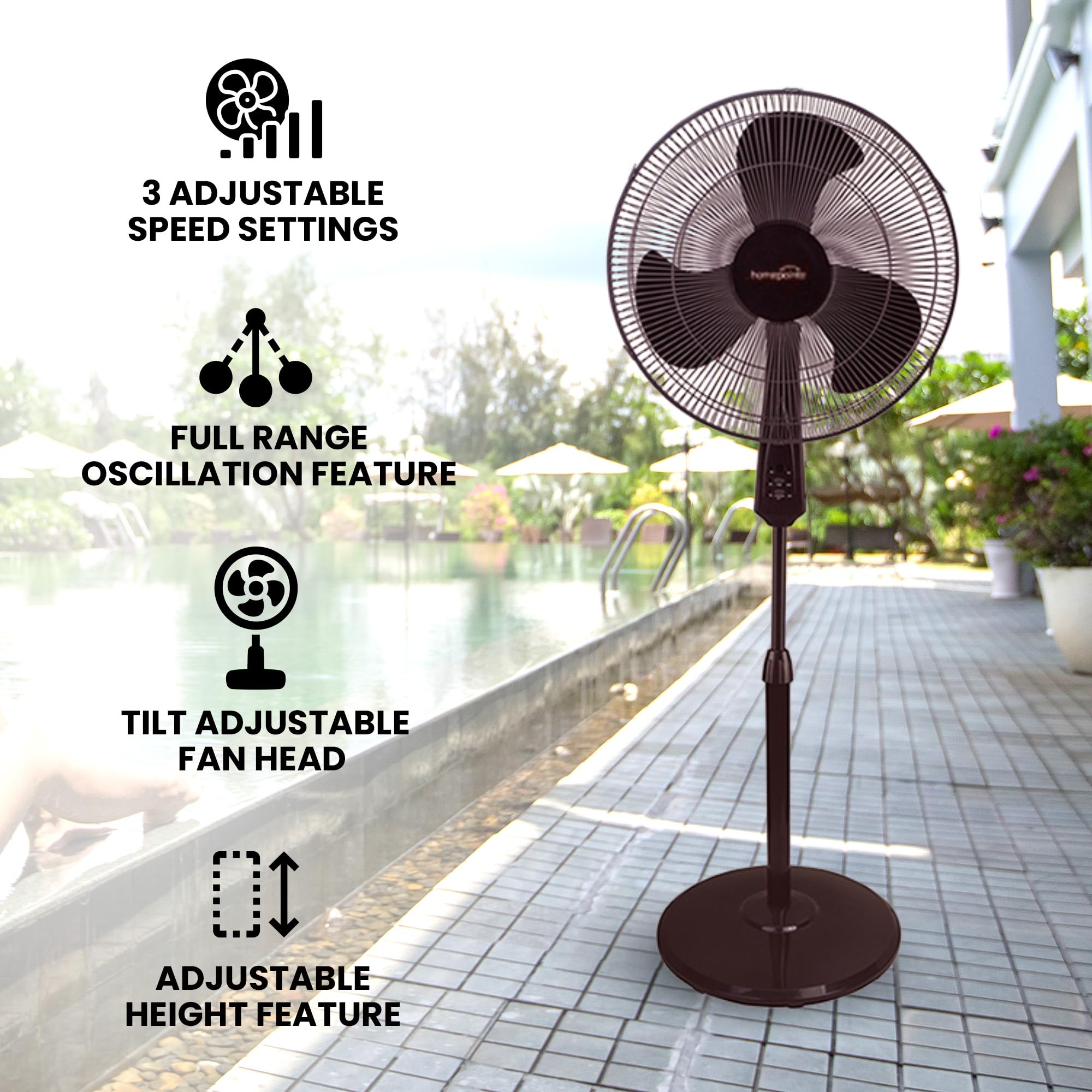 Homepointe 16 Inch Standing Oscillating Pedestal Fan With Adjustable Height & 3 Speeds For Living Room, Office, Basement, Or Bed