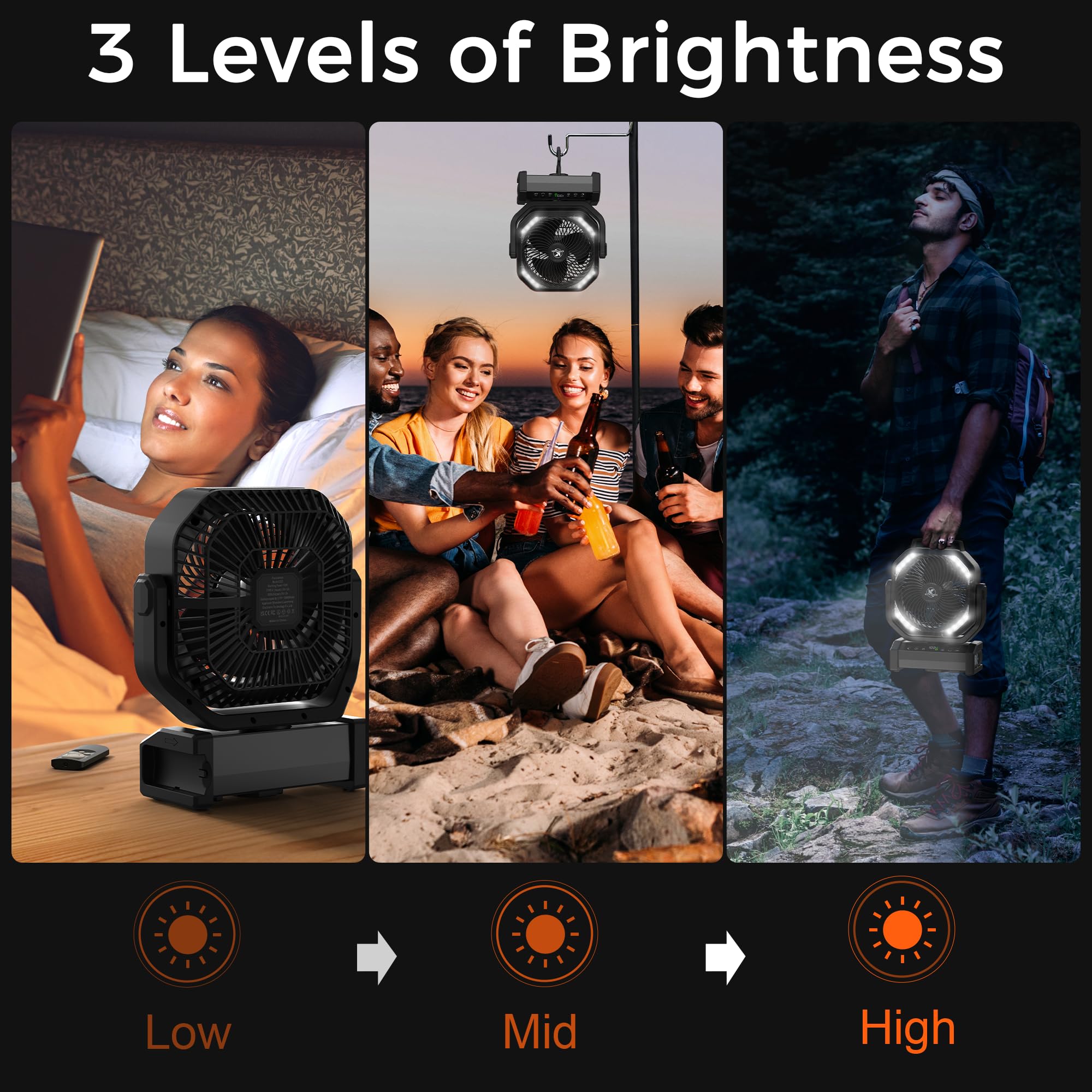 Camping Fan With Light   20000Mah Rechargeable Battery Fan, 112Hrs Max Run Time, 9 Speeds, Digital Display, Timer, Auto Oscillat