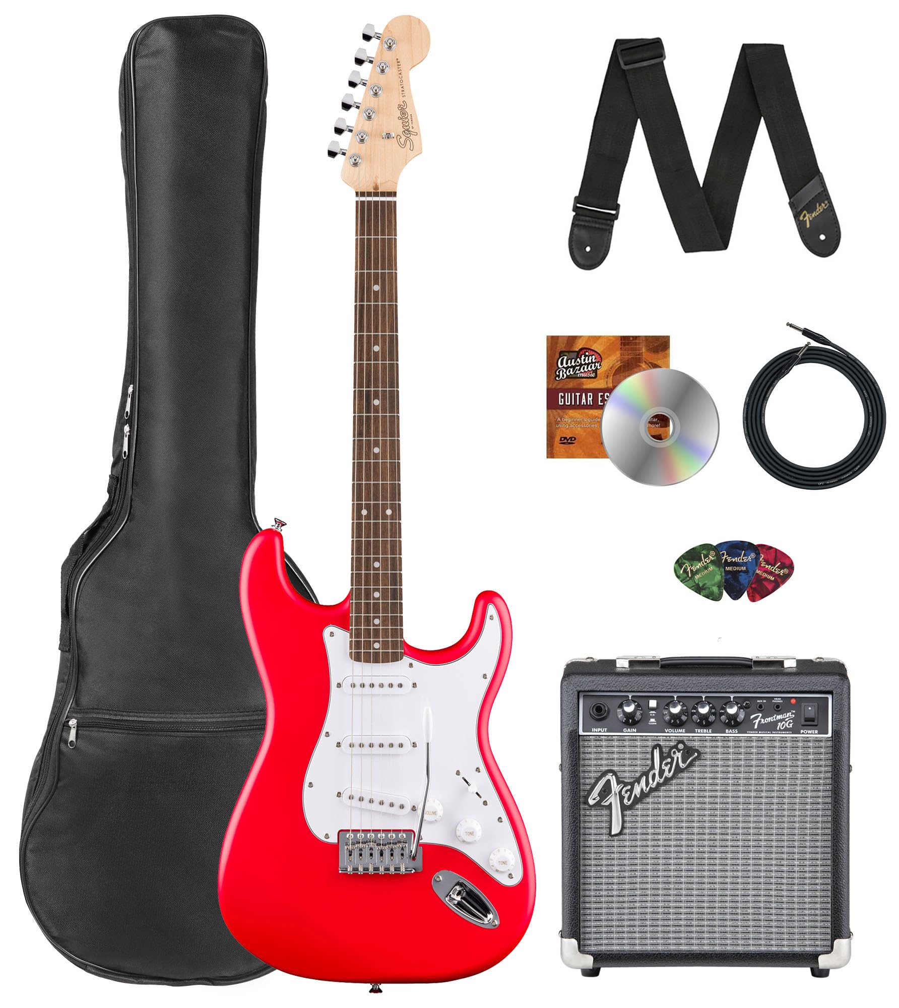Fender Squier Stratocaster - Torino Red Bundle with Frontman 10G Amplifier, Gig Bag, Strap, Instrument Cable, Picks, and Austin 