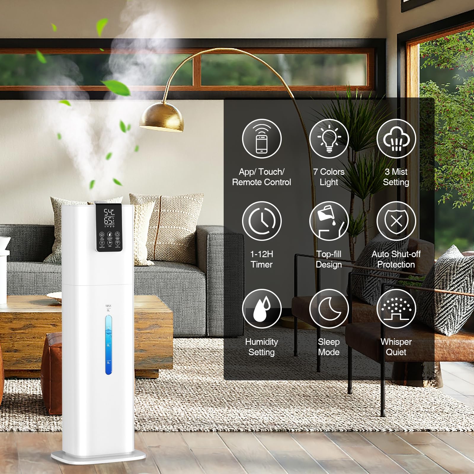 Smart Humidifiers Large Room Bedroom Home,2.11Gal(8L) Quiet Top Fill Cool Mist Humidifier,Smart App & Remote Control, 3 Speed Hu
