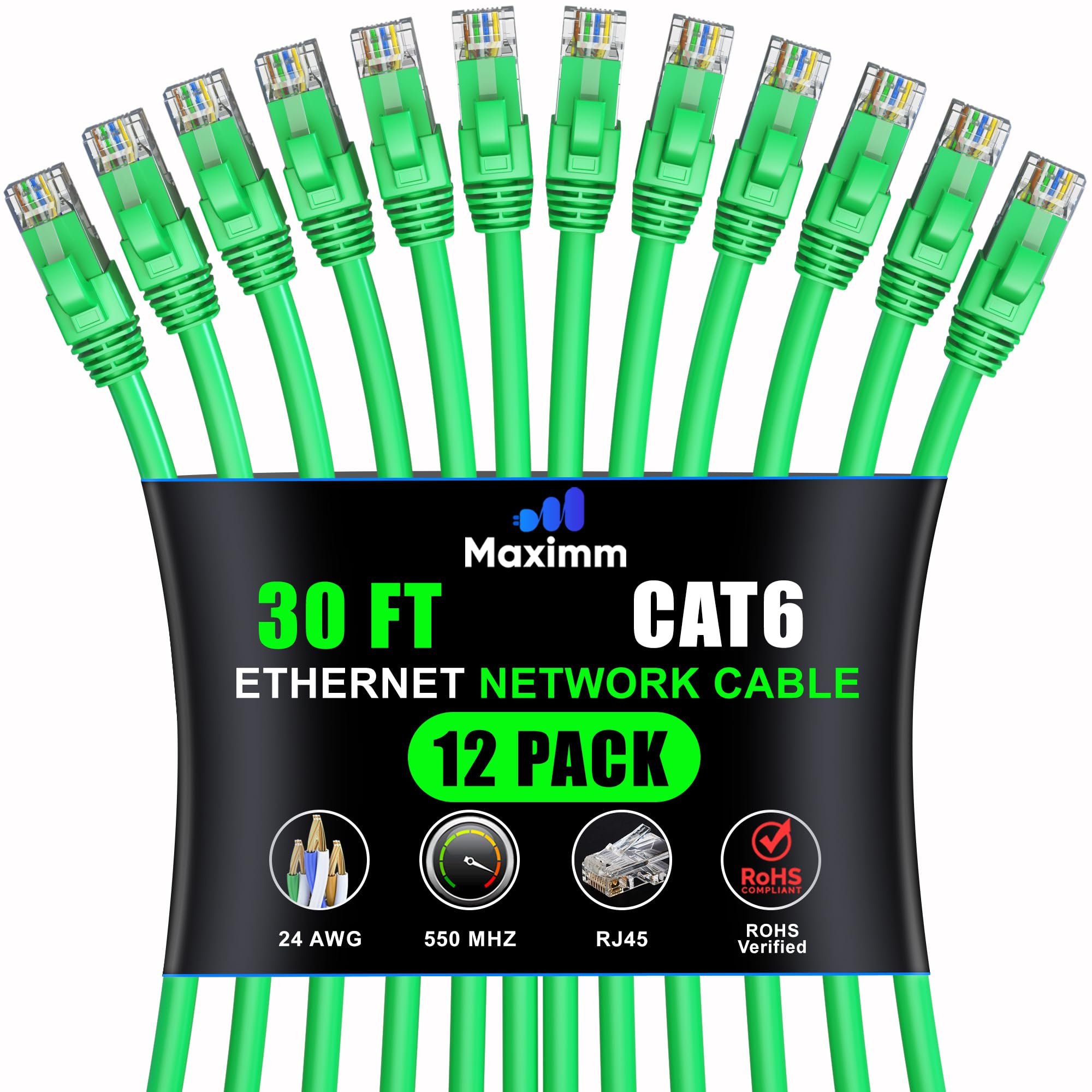 Maximm Cat 6 Ethernet Cable - 30 ft (12-Pack), High-Speed LAN, Internet, Patch, and Network Cable - UTP, 10Gbps, 550MHz - Green