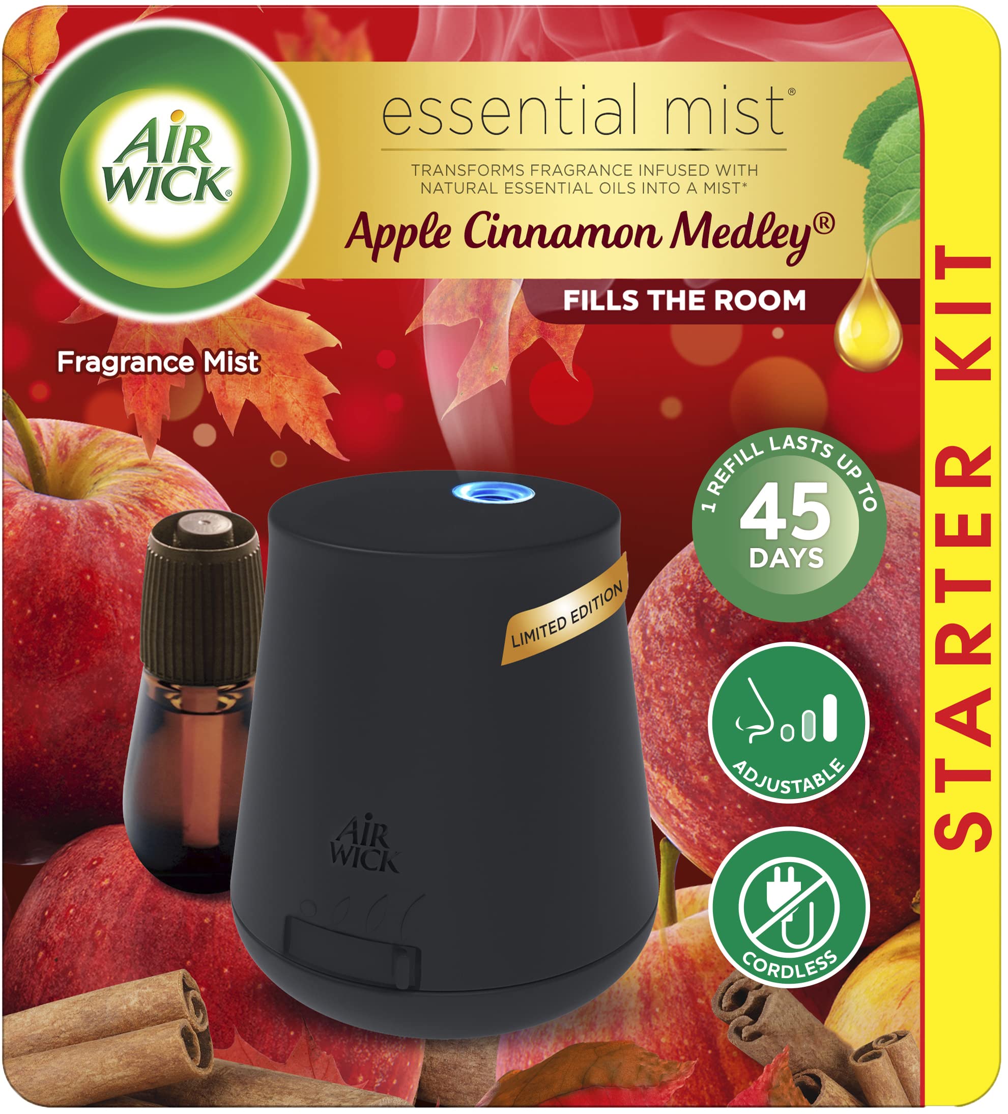 Air Wick Essential Mist Starter Kit (Diffuser + Refill), Apple Cinnamon, Fall Scent, Fall Spray, Essential Oils Diffuser, Air Fr