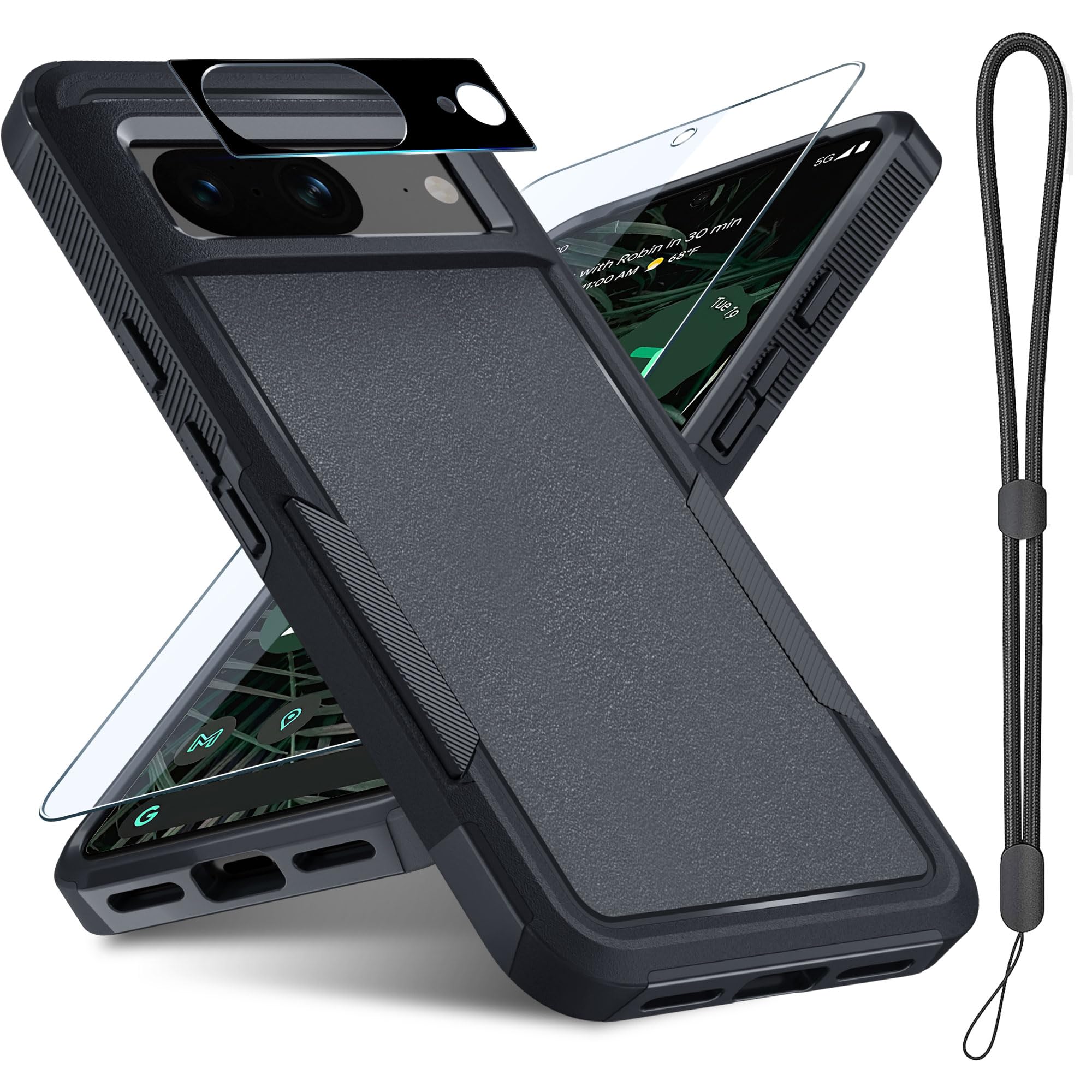 Janmitta For Google Pixel 8A Case With Screen Protector+Camera Lens Protector+Wrist Strap Lanyard,Heavy Duty Shockproof Full Bod