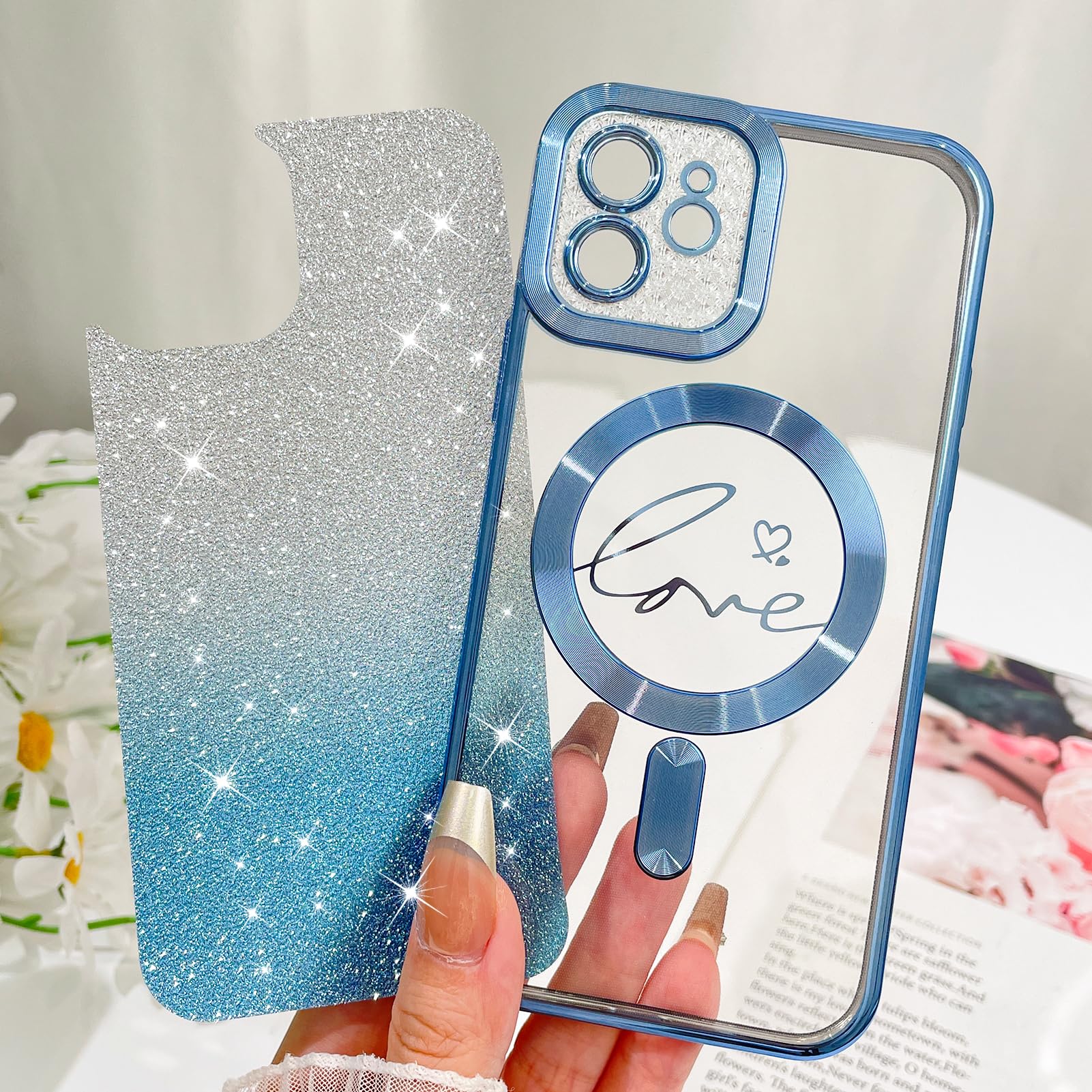 Fiyart Designed For Iphone 11 Case,Compatible With Magsafe Love Heart Plating Camera Protection Clear Phone Case, Magnetic Glitt