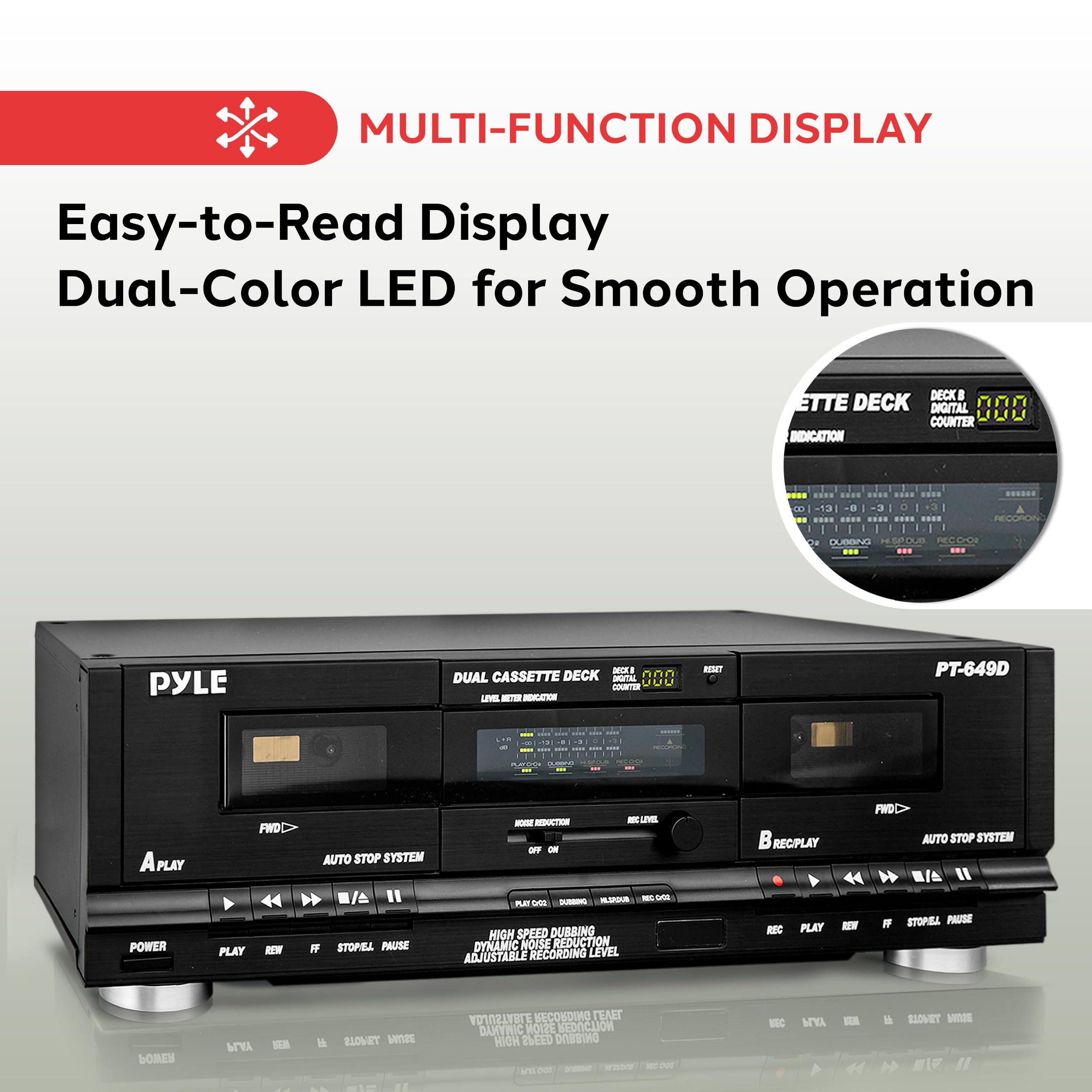 Pyle Home Digital Tuner Dual Cassette Deck | Media Player | Music Recording Device With Rca Cables | Switchable Rack Mounting Ha