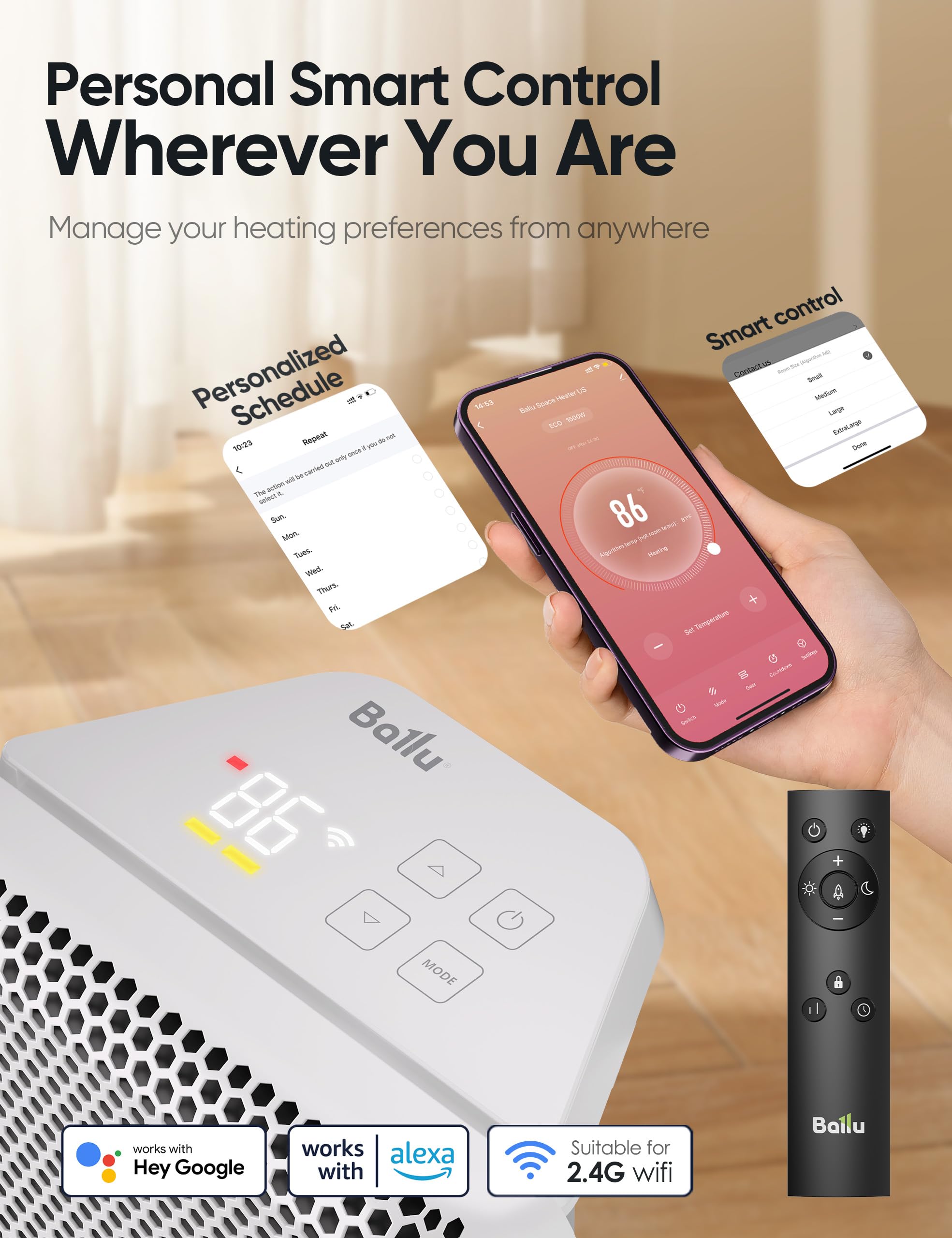 Ballu Mica Infrared Space Heater Indoor Use,1500W Electric Panel Heater With Program Thermostat,Wifi App Control,Portable Stand