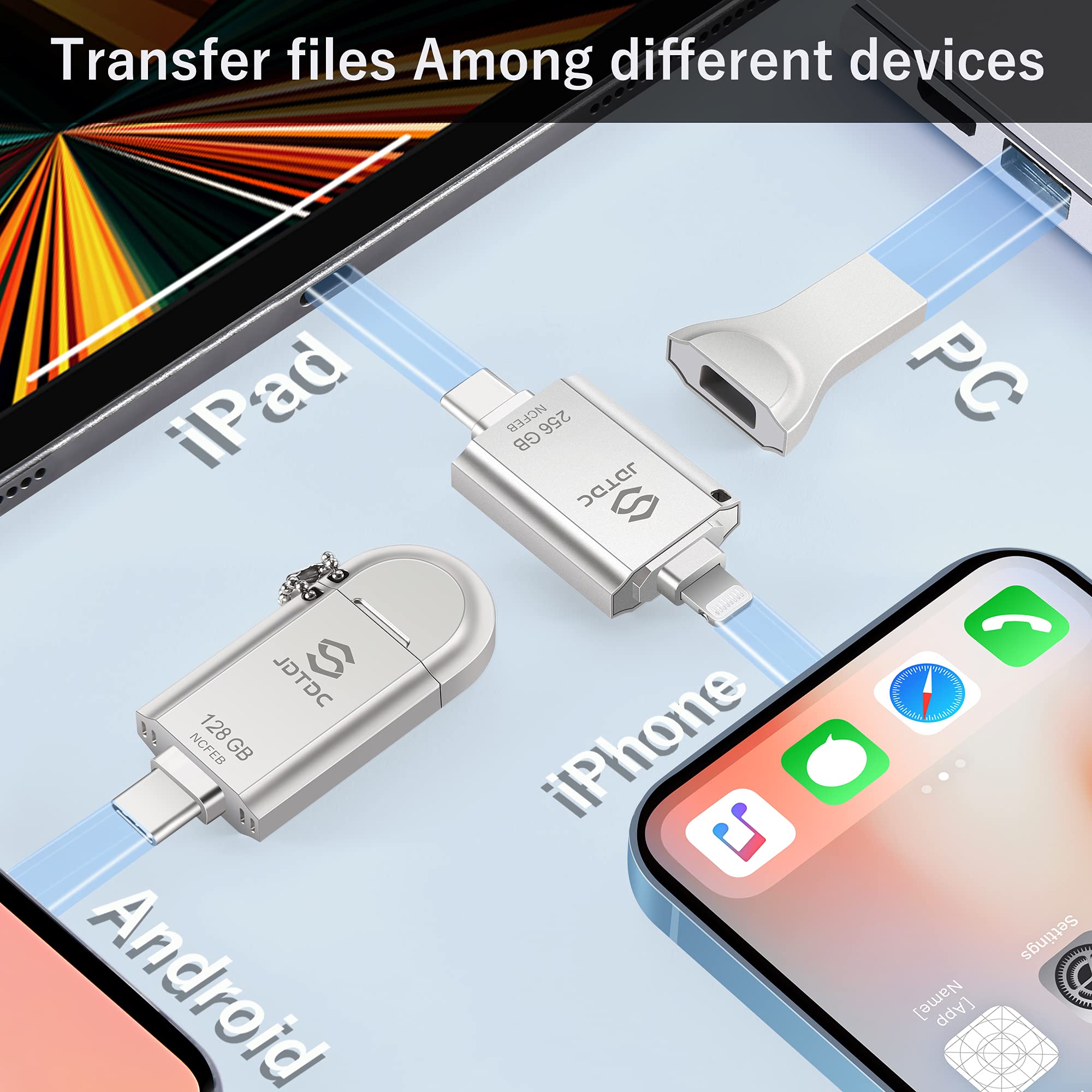 JSL JDTDC iPhone Flash Drive 256GB - MFi Certified, Secure Encrypted, Silver, Model JD006, External Storage for Photos & Files