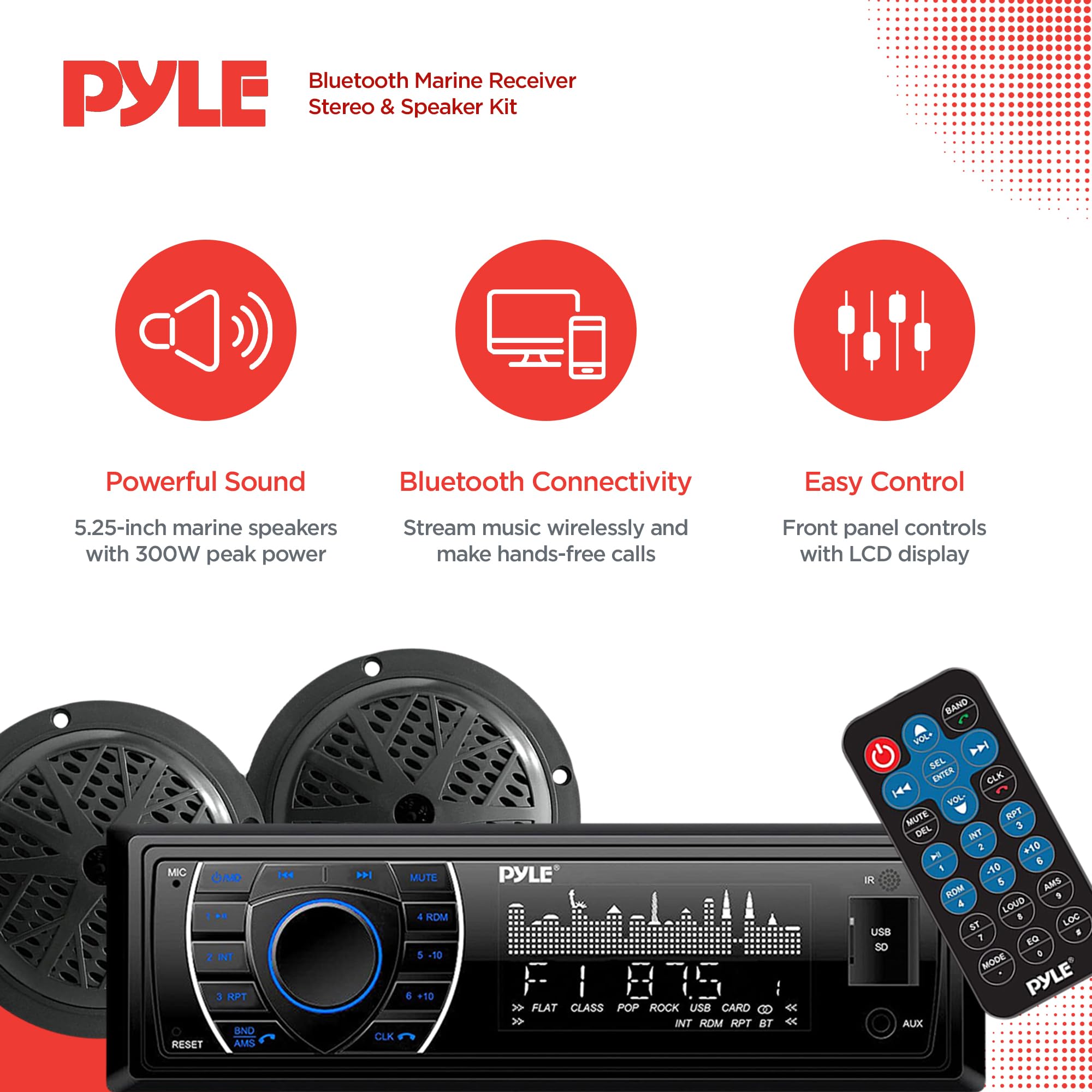 Pyle Marine Headunit Receiver Speaker Kit - In-Dash Lcd Digital Stereo Built-In Bluetooth & Microphone W/ Am Fm Radio System 5.2