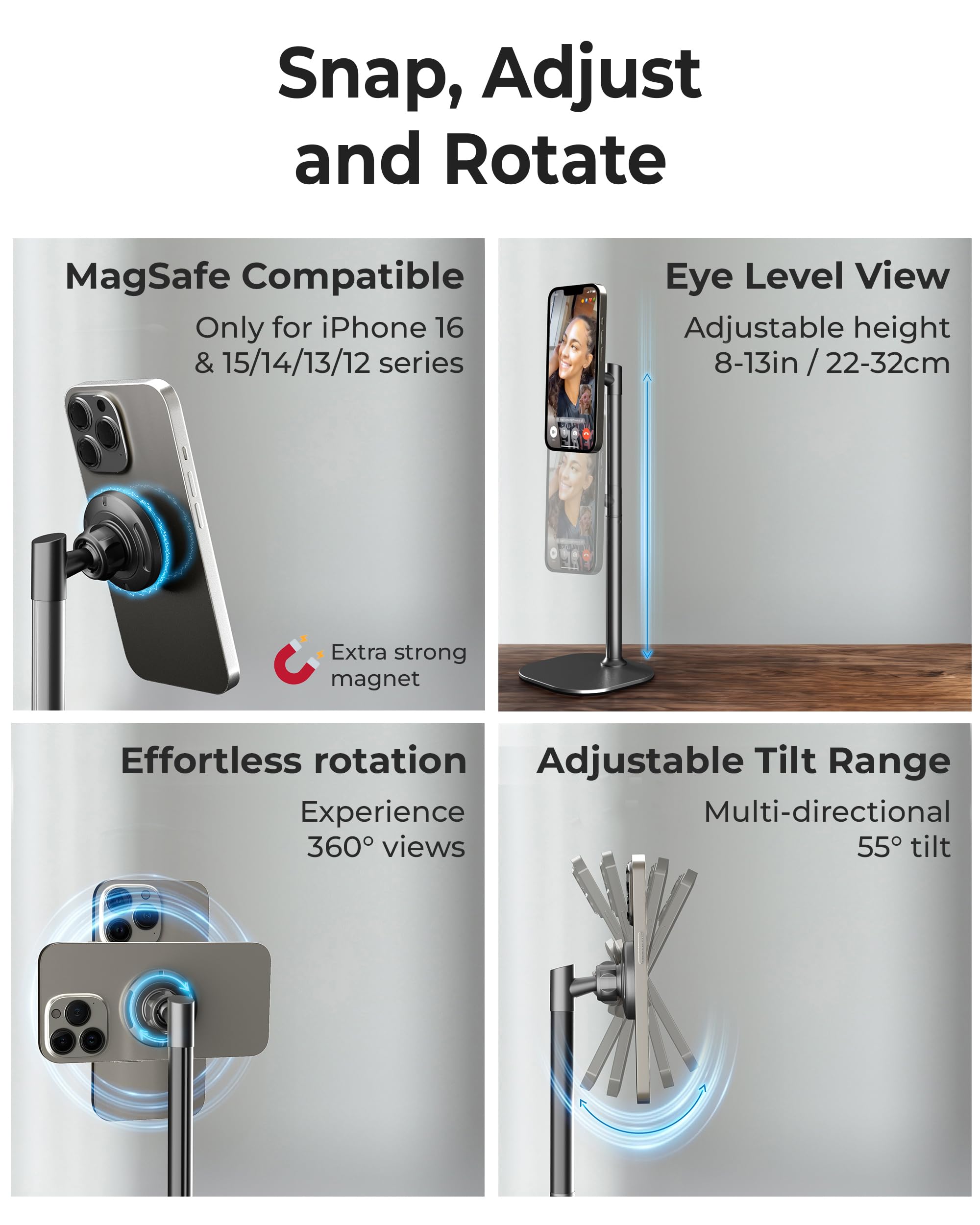 Cooper Magstand - Adjustable Magnetic Iphone Stand For Desk & Phone Holder For Video Recording, Compatible With Magsafe, Stand F