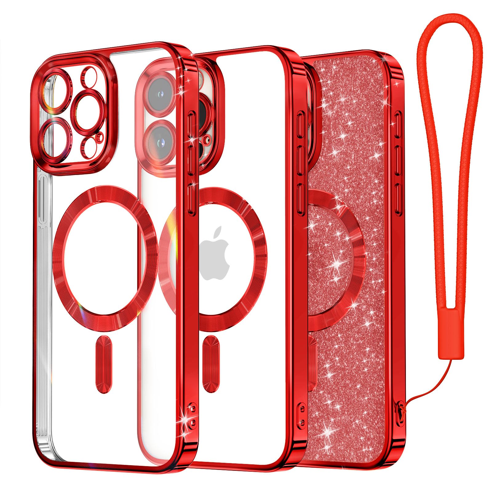 Meifigno Christmas Red Case Designed For Iphone 15 Pro Max, [Compatible With Magsafe][Glitter Card & Wrist Strap] Full Camera Le