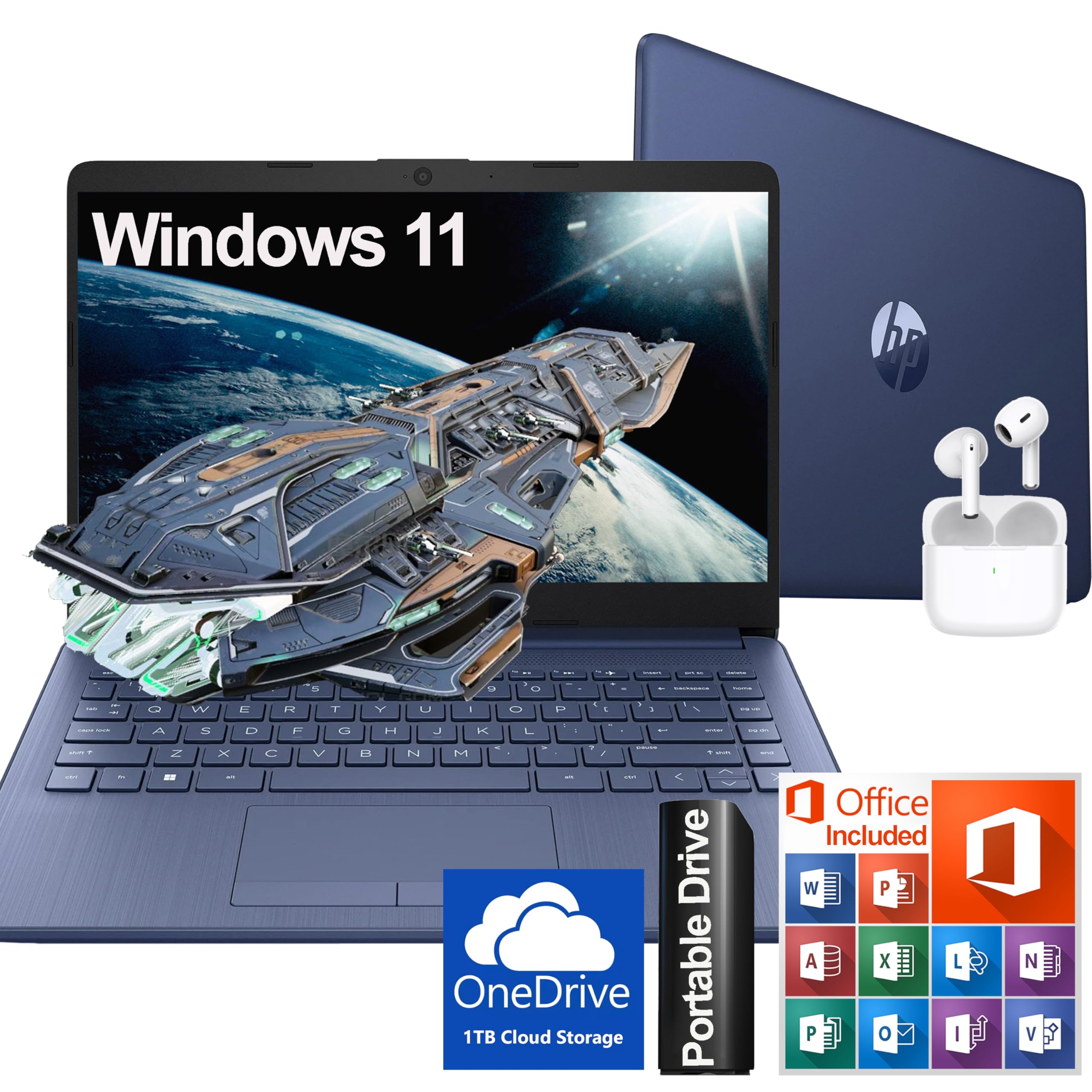 Hp Ultralight 14 Inch Laptop With Intel 4 Core Processor With Microsoft 365 And Wireless Earbuds 16Gb Ram 512Gb External & 64Gb