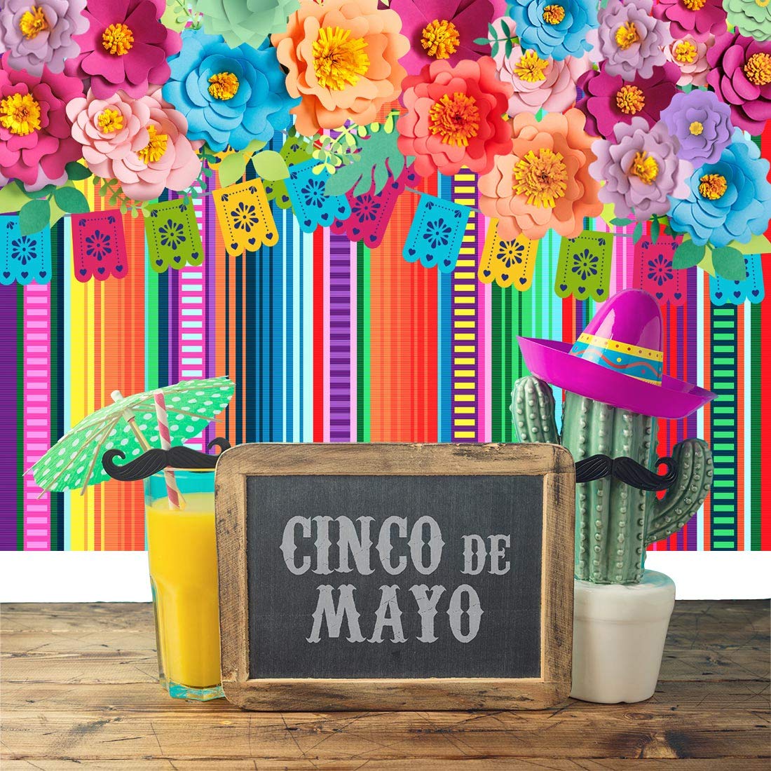 Ticuenicoa 7X5Ft Mexican Fiesta Backdrop Photobooth Flowers Fiesta Background Drop Cinco De Mayo Backdrop For Pictures Floral Stripes Flags Birthday Party Mexican Party Decoration Photo Booth Props