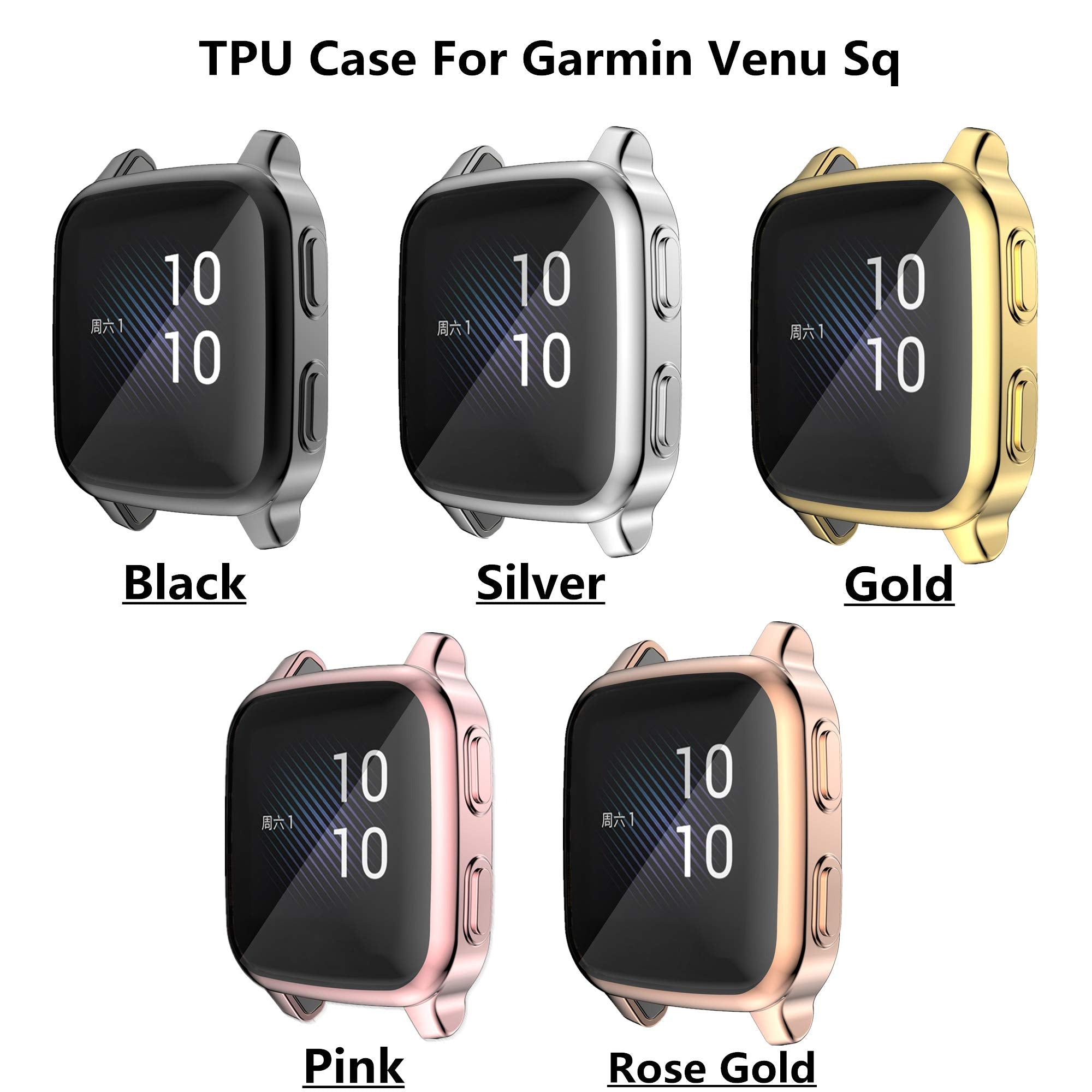 [5 Pack] Richone Compatible With Garmin Venu Sq & Venu Sq 2 Screen Protector Case, All Around Protective Cover Soft Tpu Shockproof Bumper Frame (Black+Silver+Gold+Pink+Rose Gold)