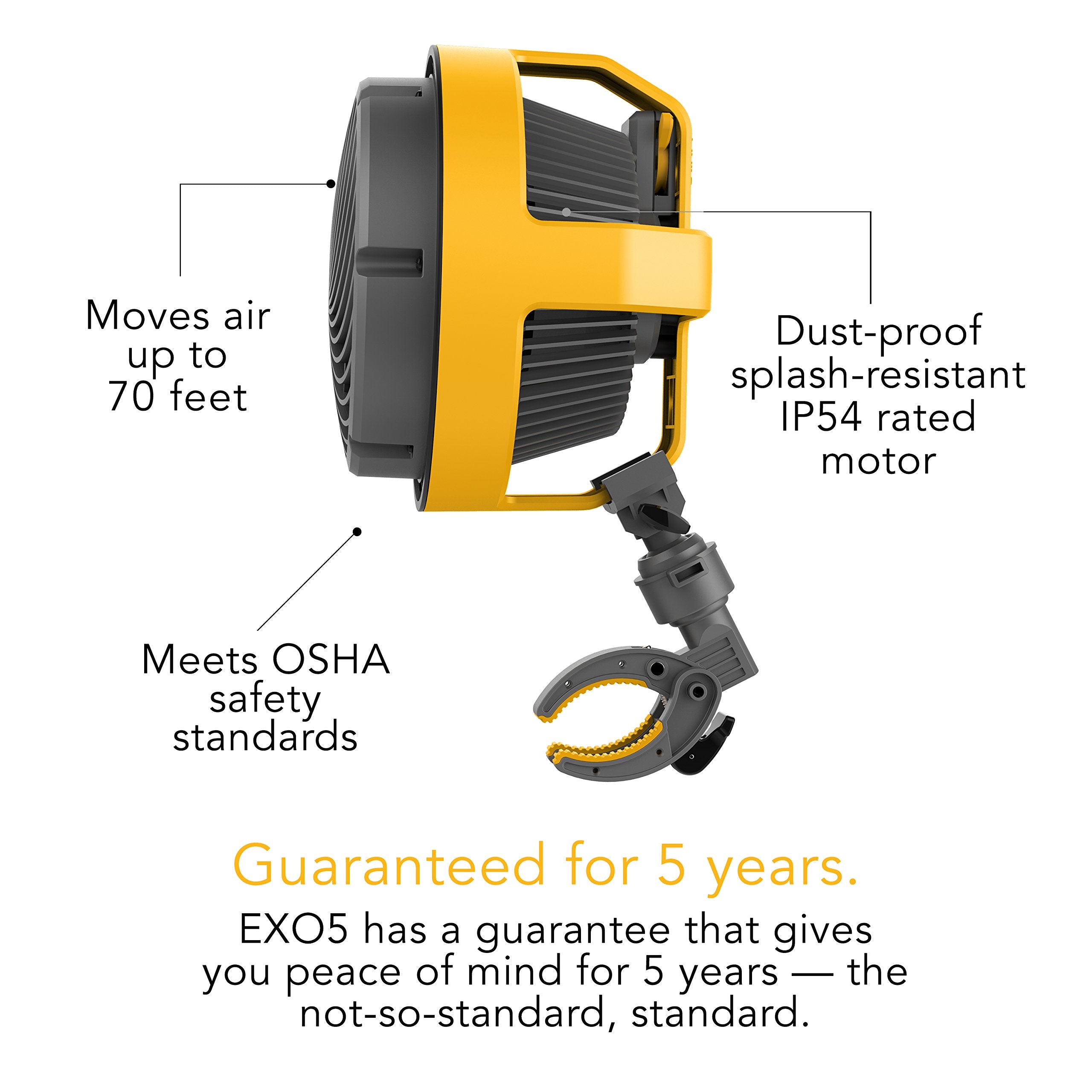 Vornado Exo5 Heavy Duty Shop Air Circulator Fan With High Impact Housing, Collapsible Tripod Base, Clamp Attachment, Yellow, 7 I
