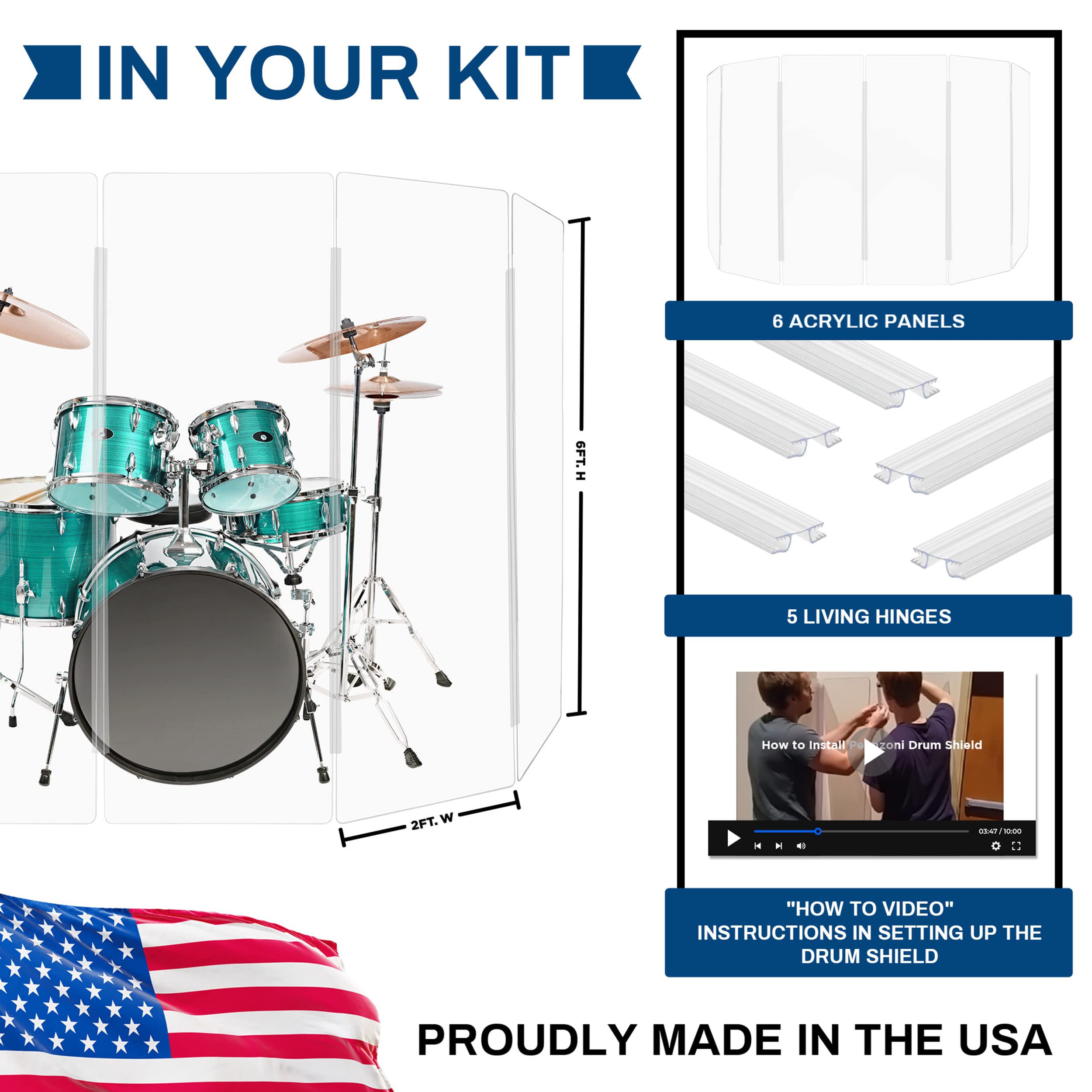 Pennzoni Drum Shield 6Ft W/Living Hinges, Comes W/ 5 Drum Panels, & Living Hinges, Premium Clear Acrylic Panels, Drum Screen