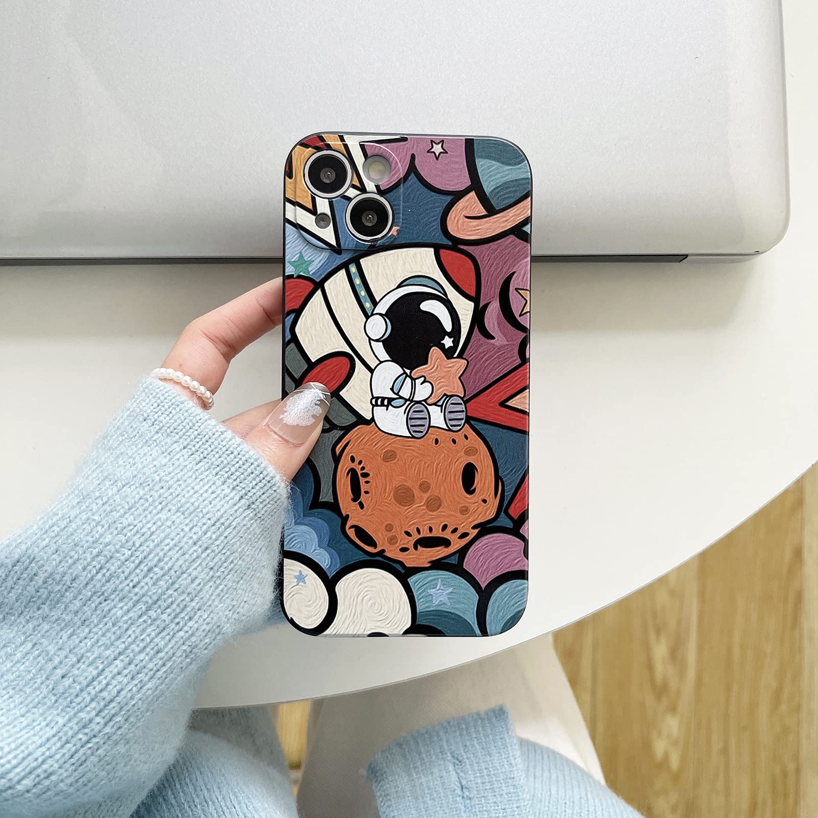 Yonds Queen Compatible With Iphone 13 Cute Case, Cool Cartoon Astronaut Planet Space Painting Design Stylish Soft Tpu Bumper Sho