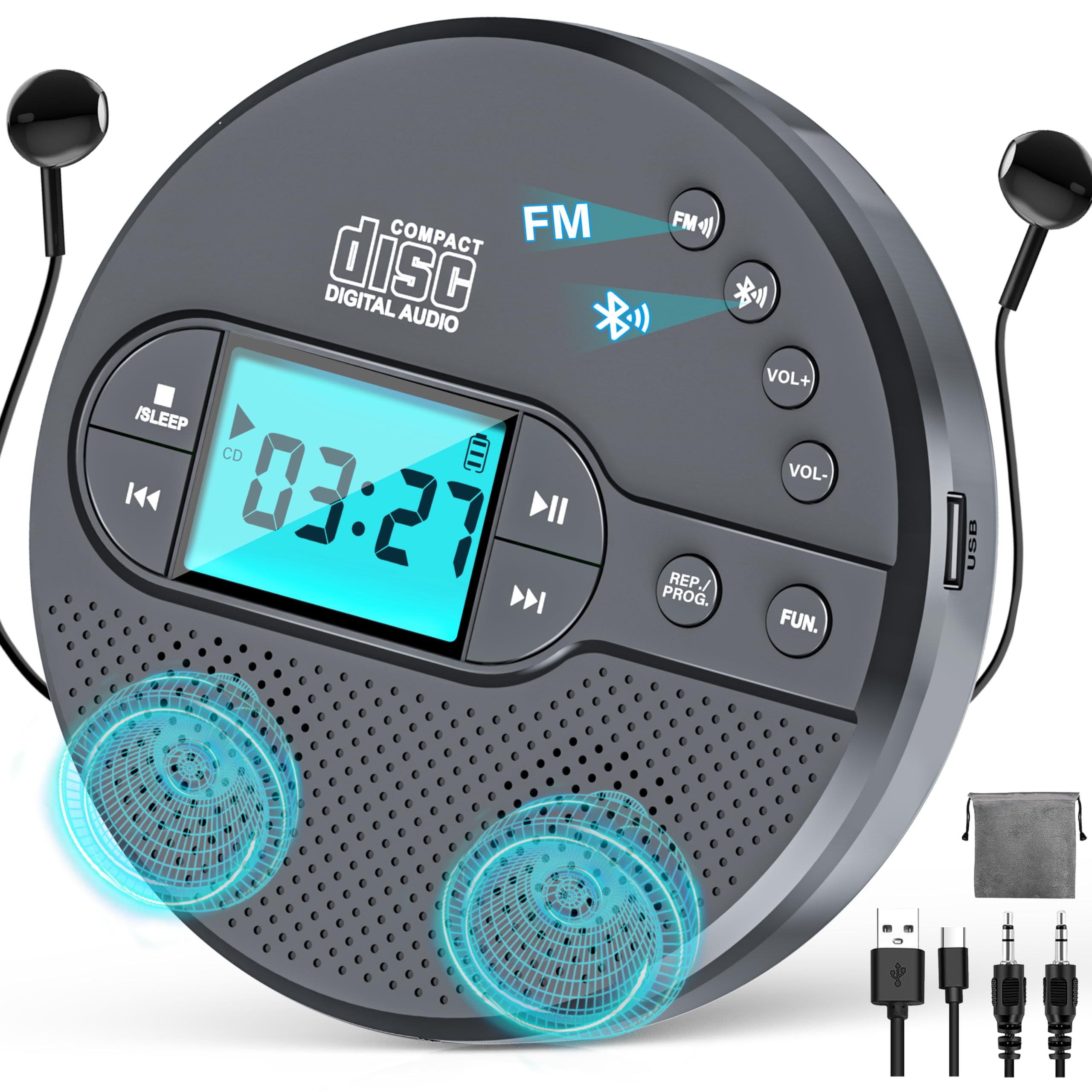 2000Mah Rechargeable Discman Cd Player:Walkman Cd Player With Bluetooth Fm Transmitter,Headphones,Lcd Screen,Aux,Built In Speaker,Usb Portable Personal Cd Player Anti Skip Protection For Car