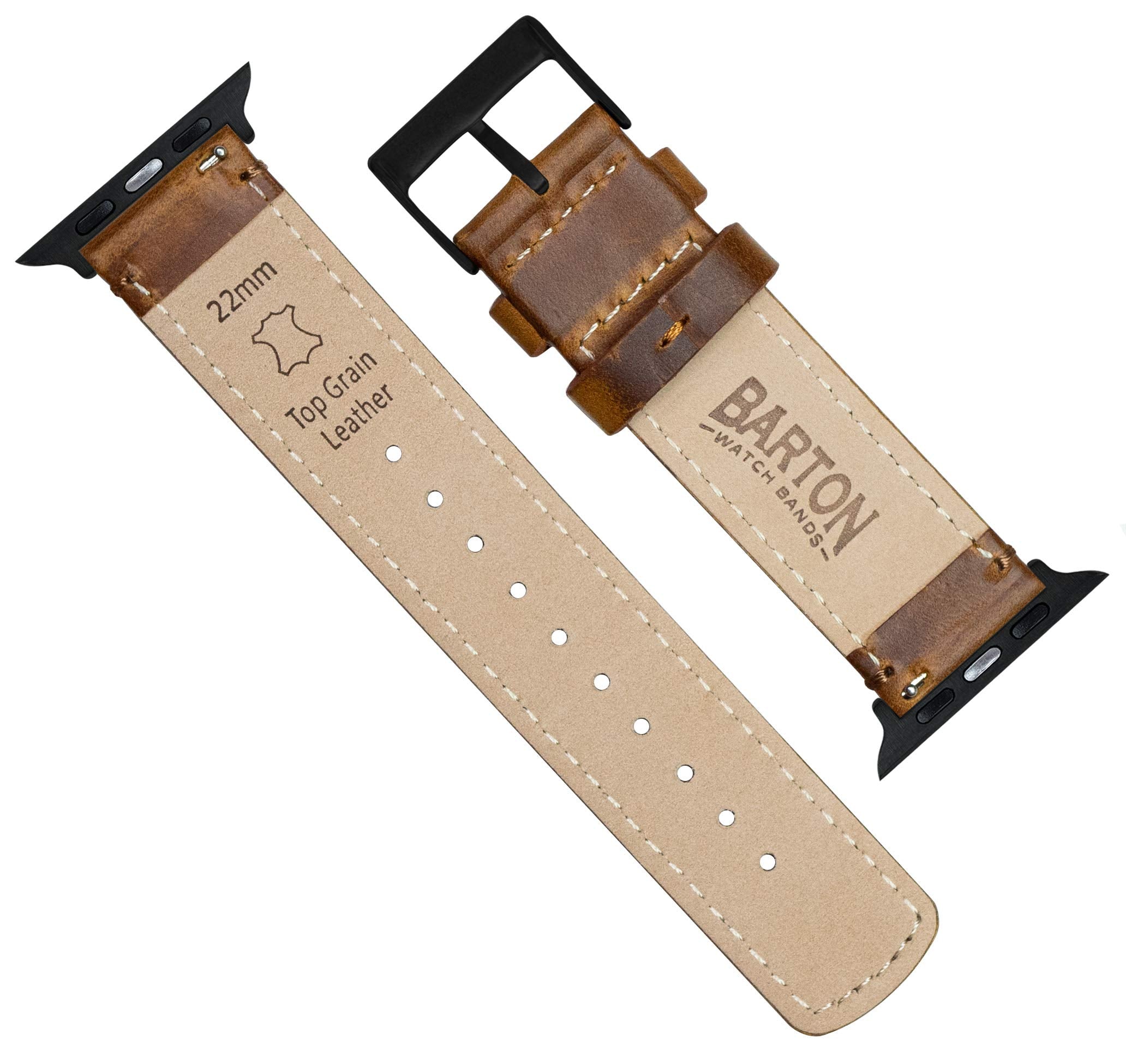 Barton Leather Watch Band (22Mm) | Genuine Top Grain Leather Strap With Quick Release Black Pvd Buckle | Compatible With Classic