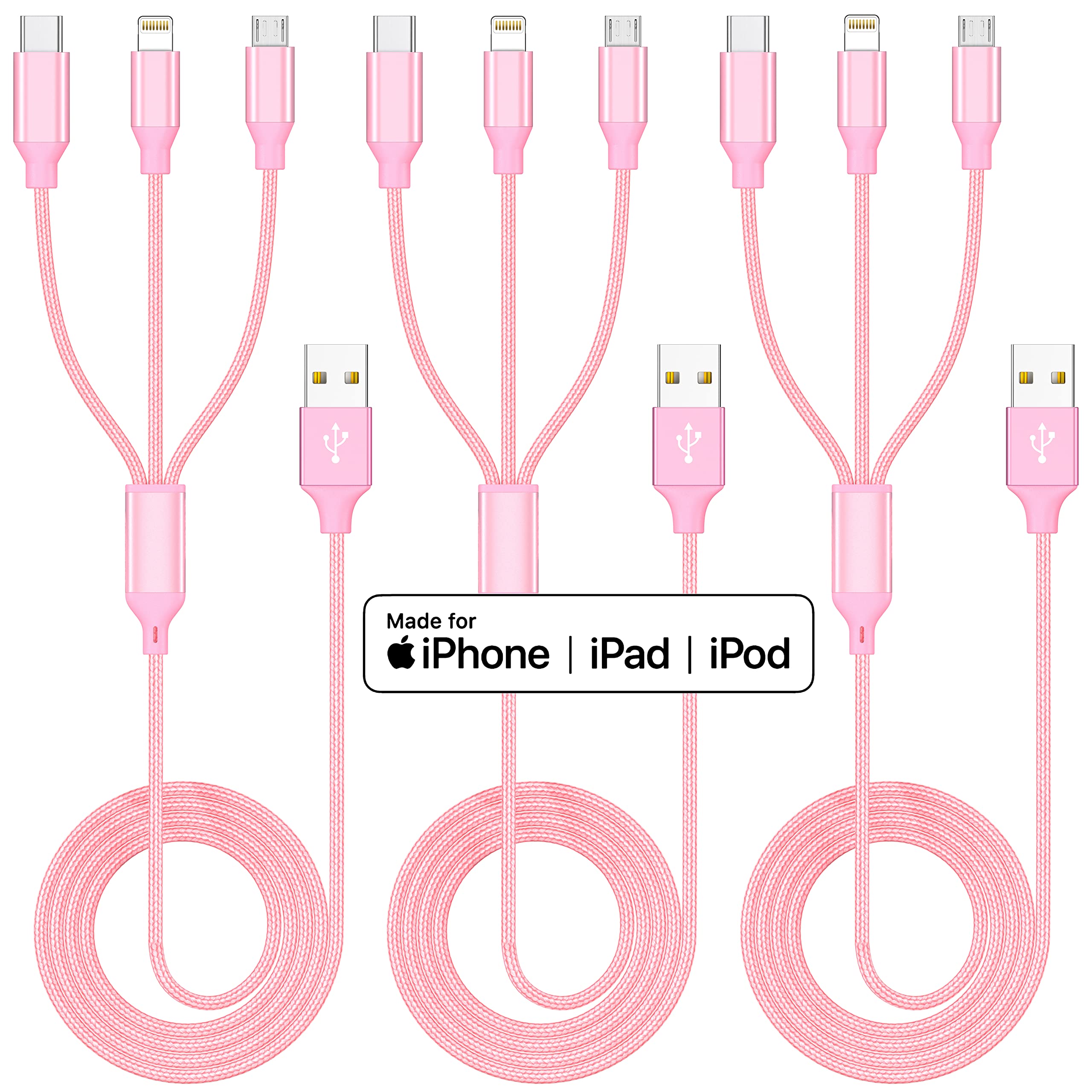 Multiple Charger Cable 3Pack 4Ft Multi Charging Cable Rapid Nylon Braided Cord Usb Charging Cable 3 In 1 Multi Phone Charger Cord With Type C Micro Lightning Usb Connectors For Cell Phones Pink