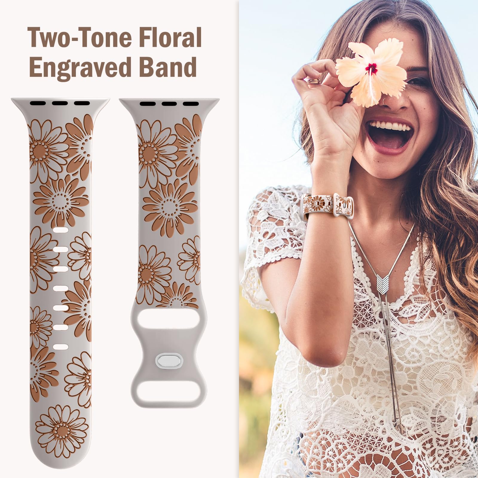 Daqin Floral Engraved Band Compatible With Apple Watch Band 44Mm 45Mm 46Mm 42Mm 49Mm Women,Cute Two Tone Flower Soft Silicone Sp