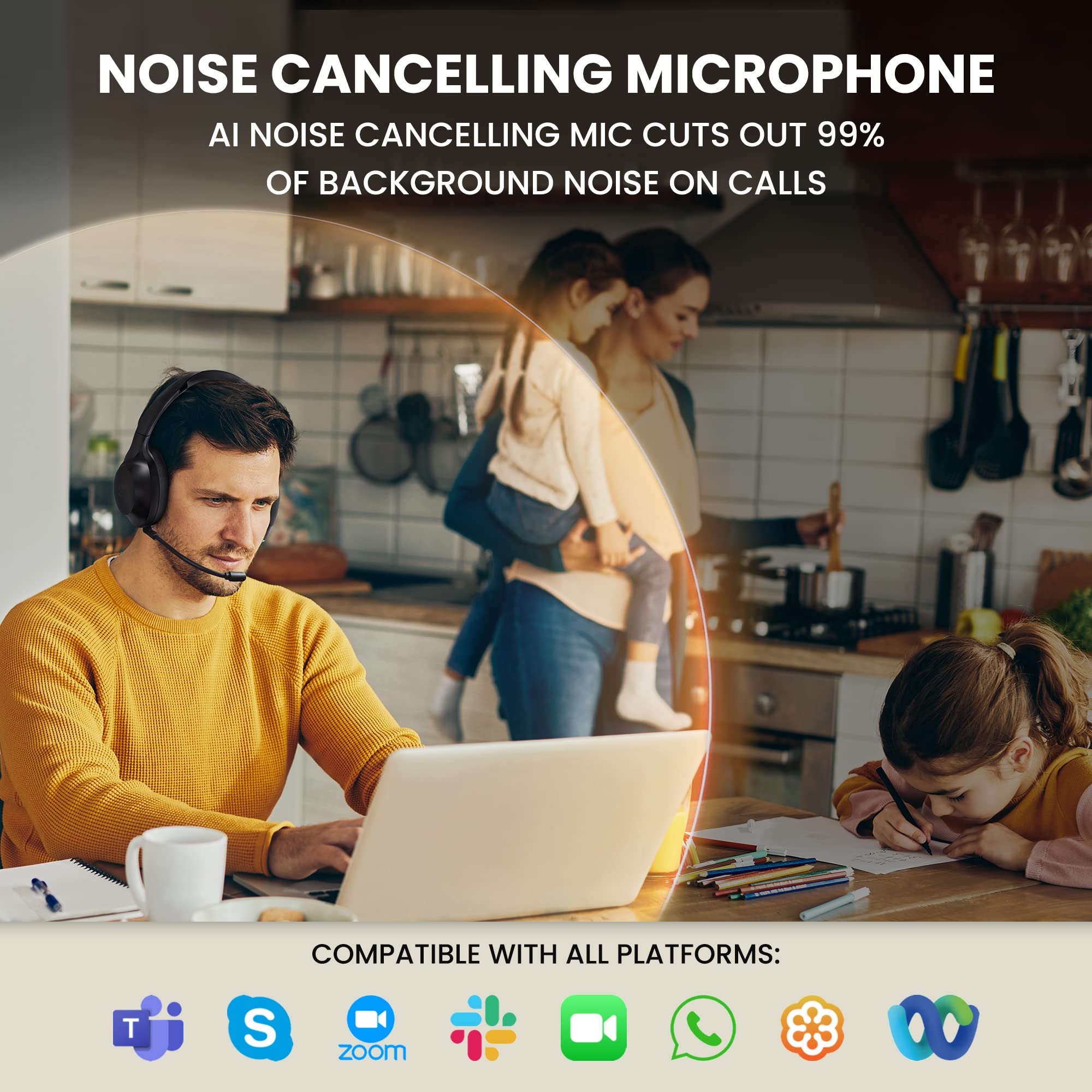 Clearcall 70 - Bluetooth Headphones With Microphone For Work - Removable Boom Mic - Over Ear Office Wireless Headsets For Comput