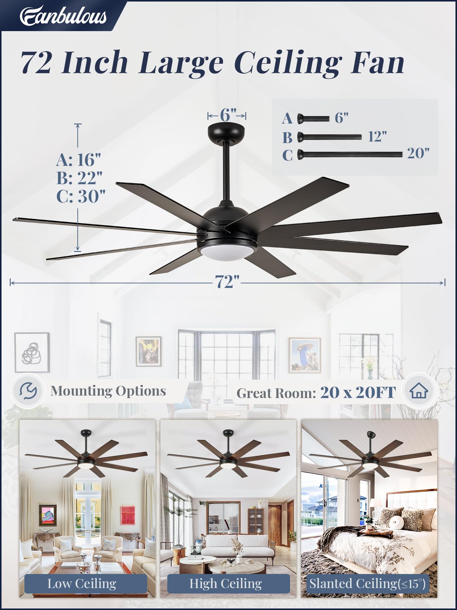 Fanbulous Ceiling Fans With Lights, 72 Inch Large Ceiling Fan With Light And Remote, Outdoor Black Ceiling Fan For Living Room P
