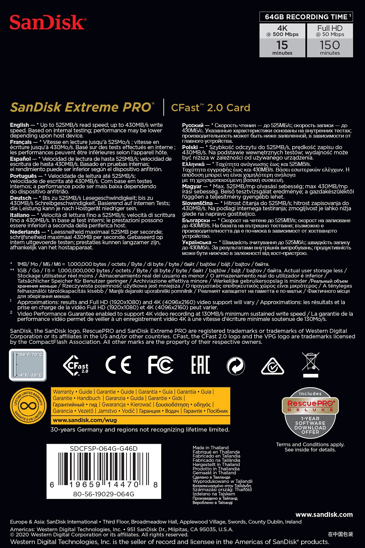 Sandisk 64Gb Extreme Pro Cfast 2.0 Memory Card - Sdcfsp-064G-G46D