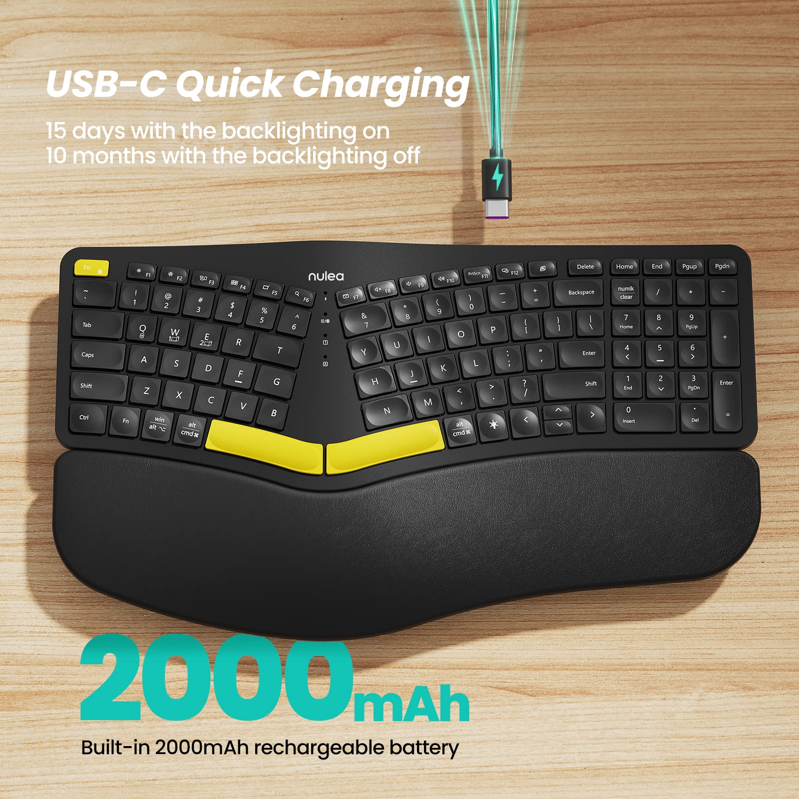 Nulea Wireless Ergonomic Keyboard RT05 - Split Design, USB-C Charging, 7-Color Backlight, Black, Bluetooth & USB Compatible