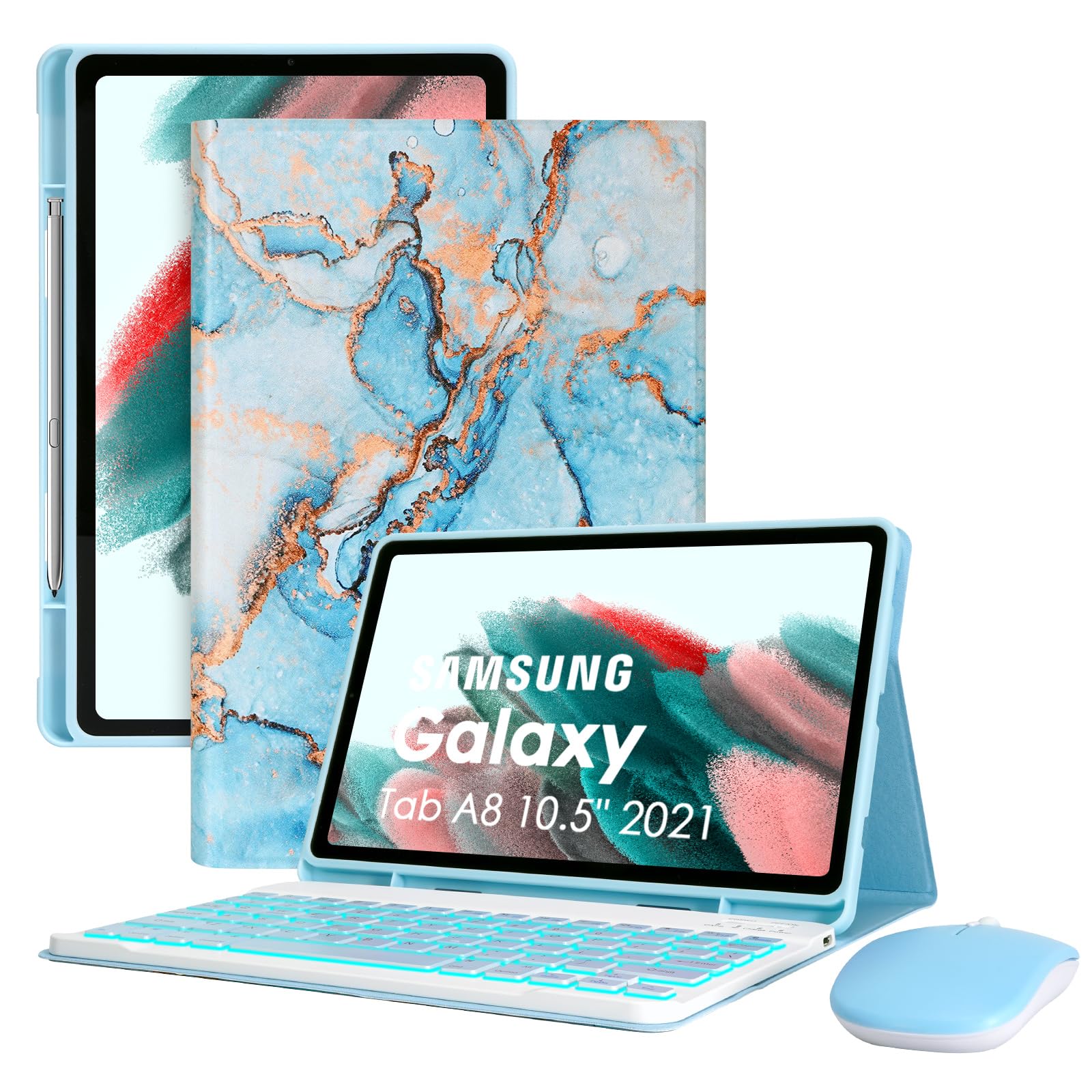 Lama 7 Colors Backlit Keyboard Case With Mouse For Samsung Galaxy Tab A8 10.5 Inch, Wireless Keyboard Case With S Pen Holder For