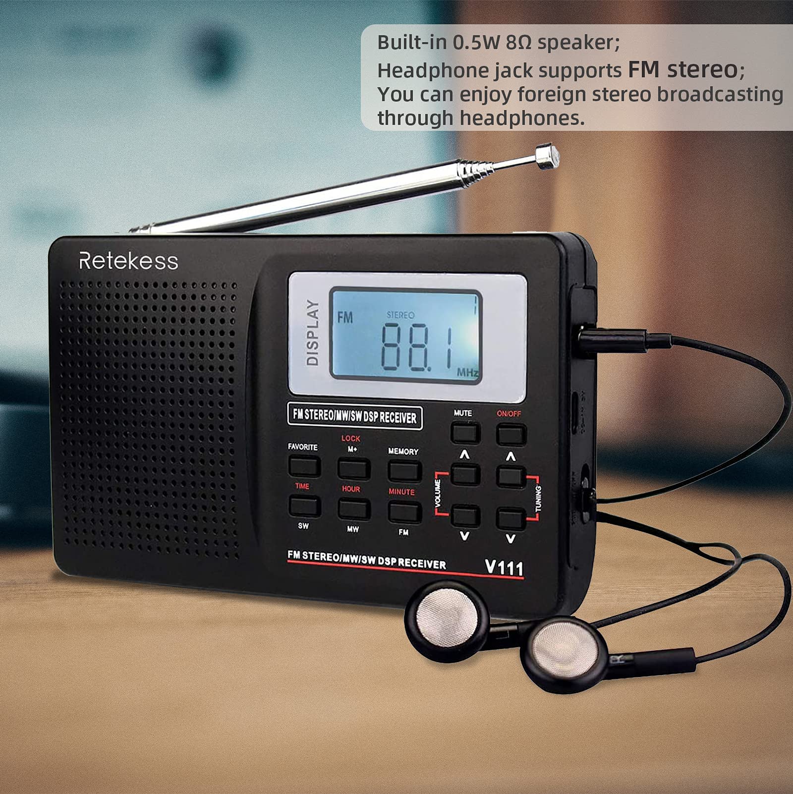 Retekess V111 Shortwave Radio, Portable Digital Radio Stereo Voice, Battery Operated With Favorite Key And Earphone Digital Alar