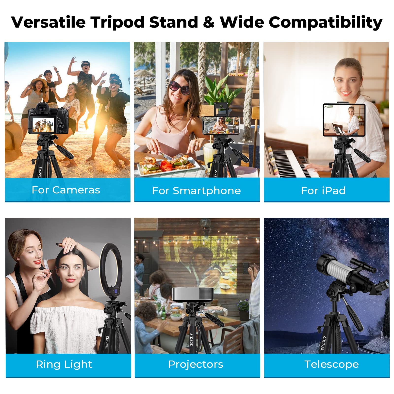 ZIKZOK 75" Heavy Duty Aluminum Tripod for DSLR, iPad, Phone - Black, Model PT80, Max Load 15 lb, Includes Carry Bag and Holder