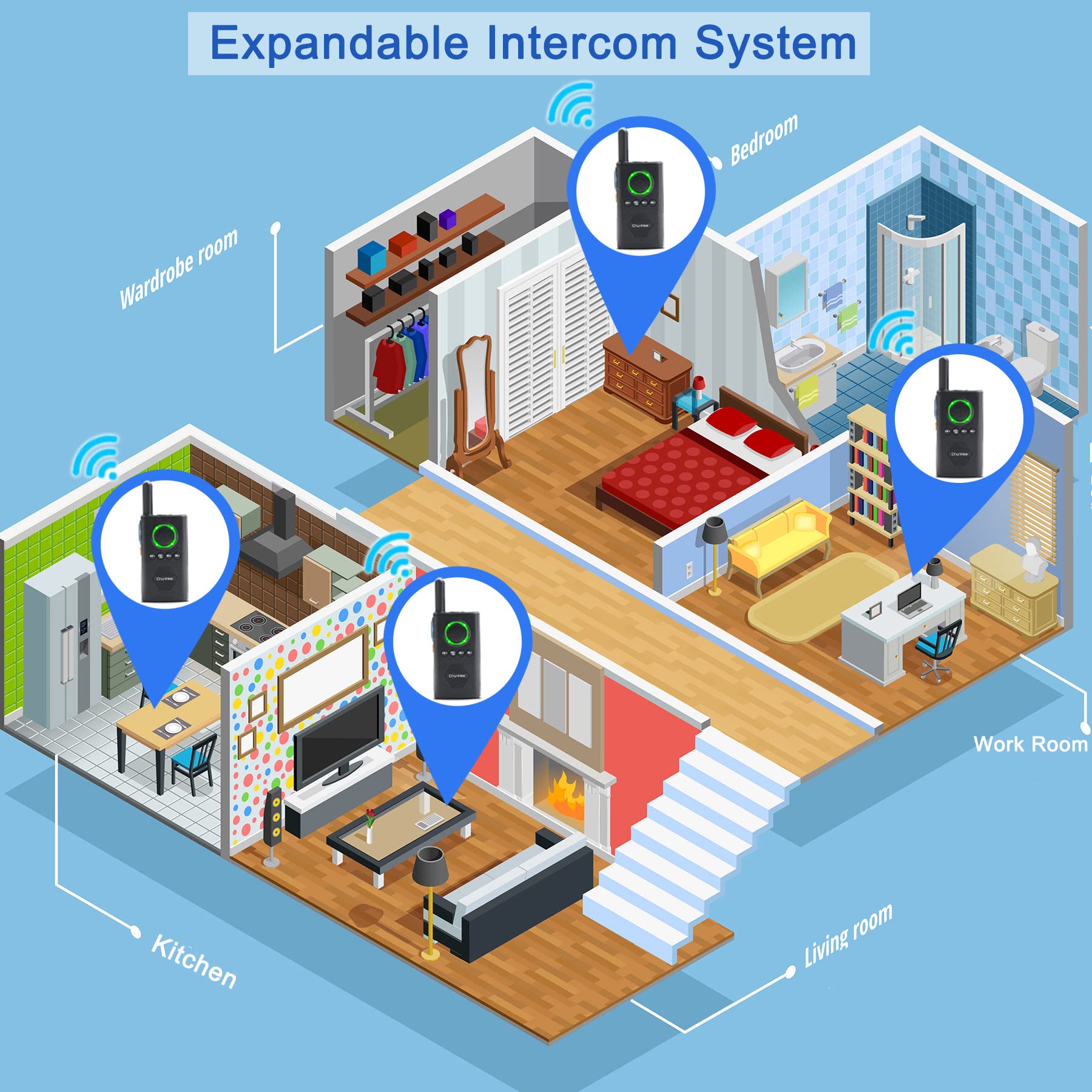 Chunhee Intercoms Wireless For Home  Wireless Intercom System For Elderly/Kids, Home Intercom System Room To Room Communication, 1.5 Miles Long Range Intercom System For Office/Camping/Hiking 4 Pcs