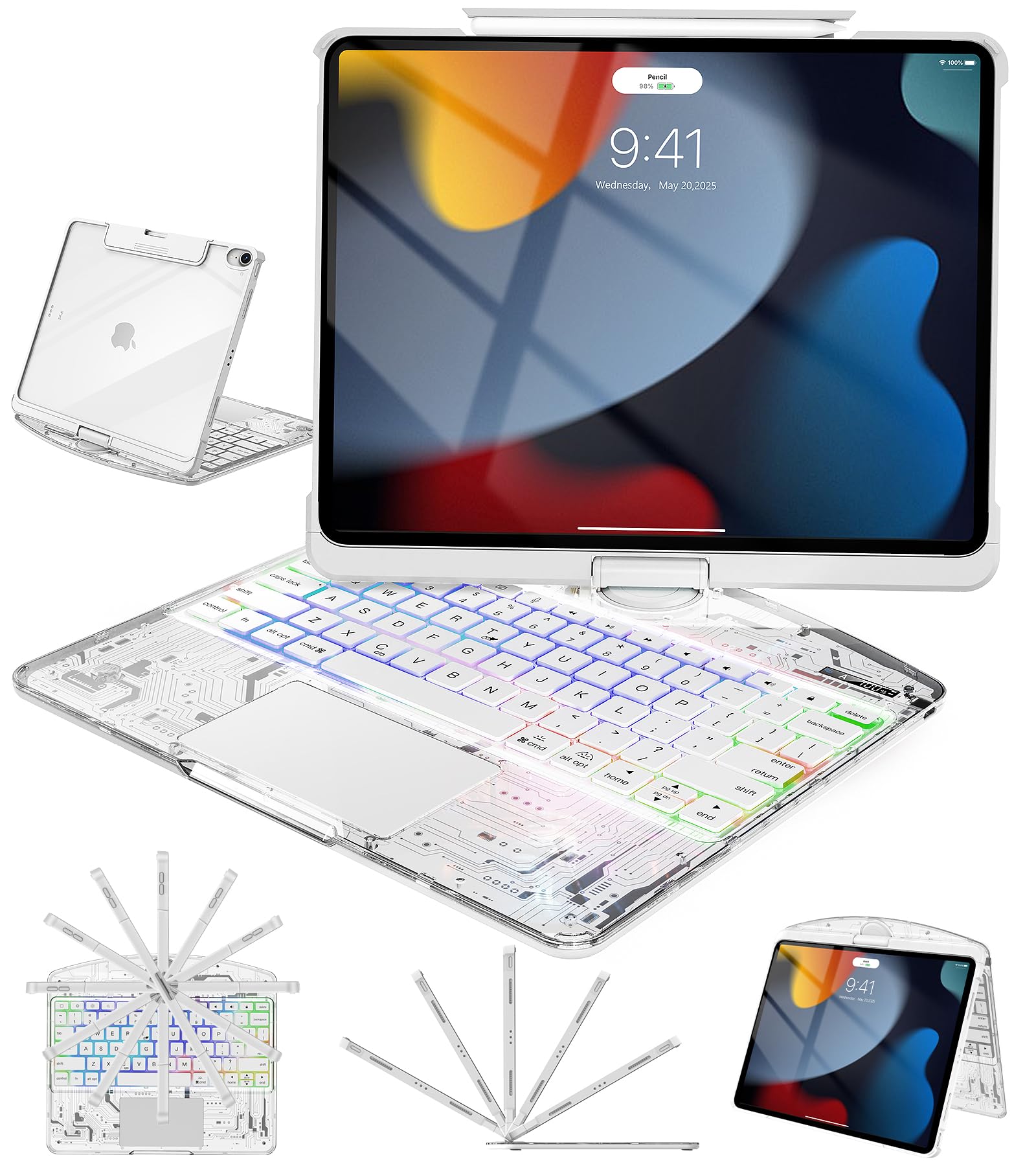 Auupgo Wireless Keyboard Case for iPad 9th (7th, 8th, and 9th Gen) 10.2 Inch, Transparent Protective Cover with 7Color Backlit 
