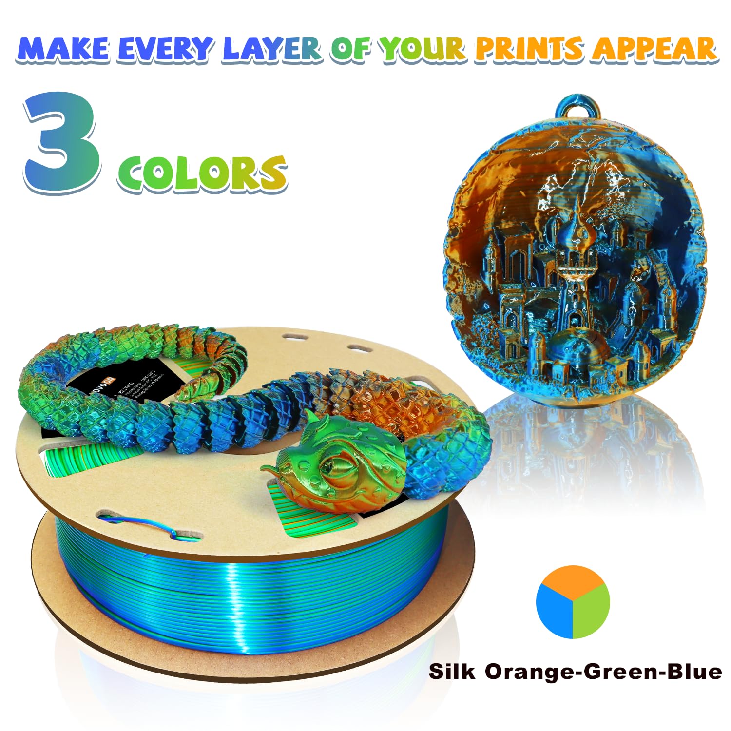 Lovoon Pla 3D Printing Filament 1.75Mm Silk Tricolors, Color Change By Angle Pla, Multicolor Pla, Fit Most Fdm Printers And 3D P