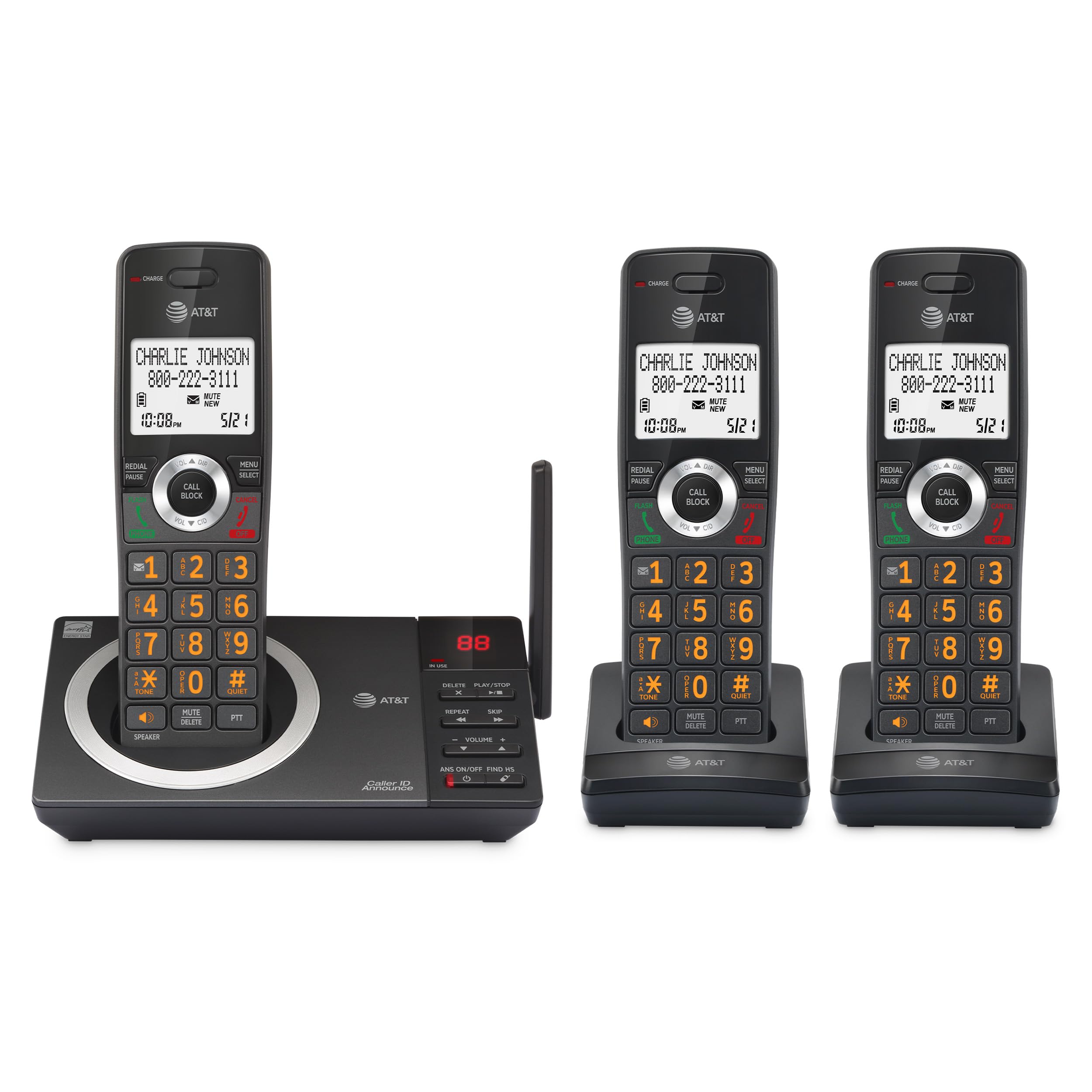 AT&T 3-Handset Expandable DECT 6.0 Cordless Home Phone with Large Display, Big Buttons, Answering Machine, Smart Call Blocker, L
