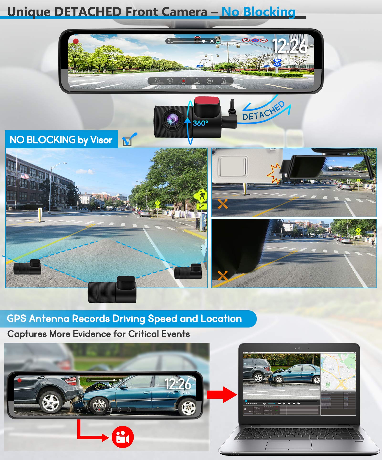 Pormido Triple Mirror Dash Cam 12' With Detached Front And In Car Camera,Waterproof Backup Rear View Dashcam Anti Glare 1296P Ips Touch Screen With Sony Sensor,Starvis Night Vision,Gps,Parking Assist