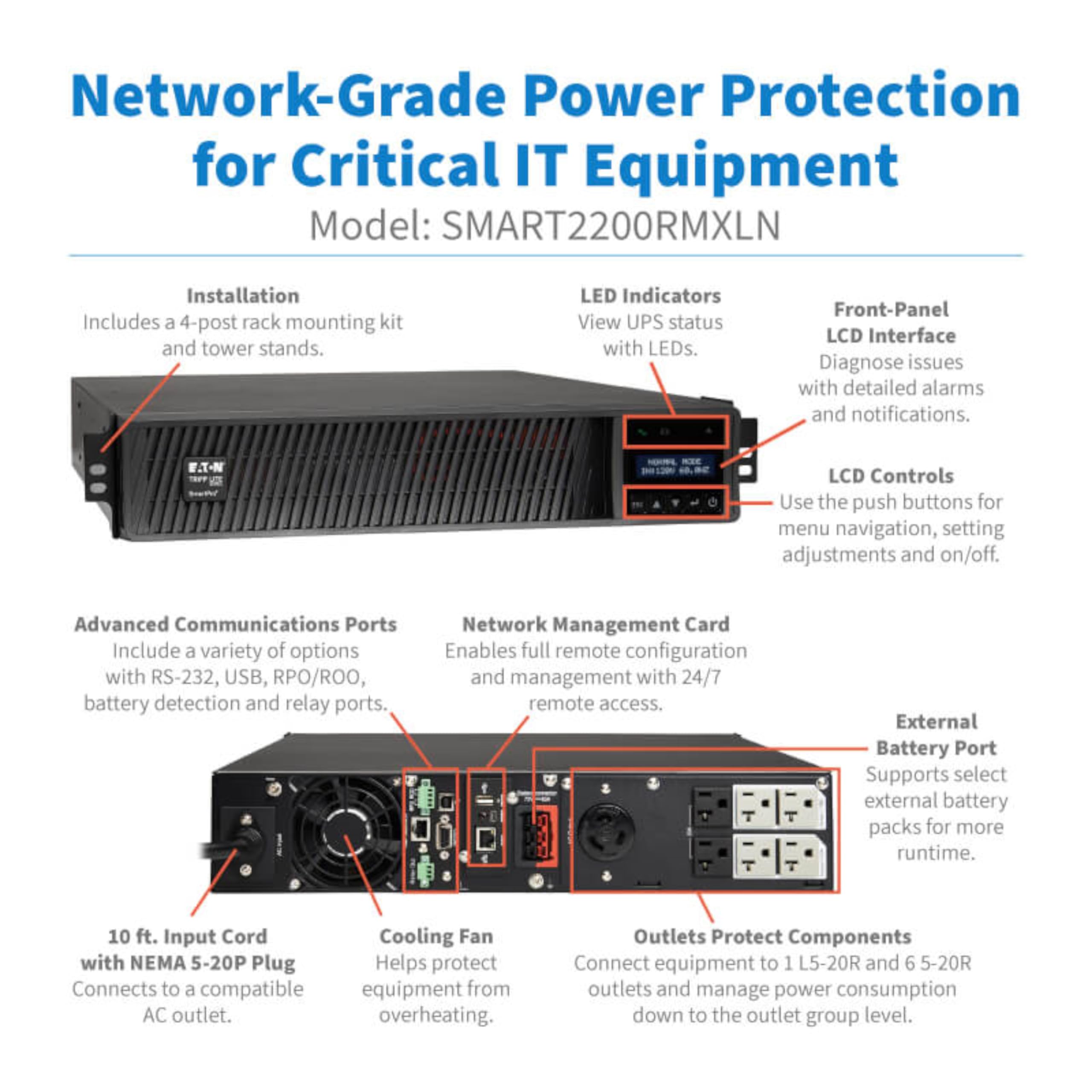 Tripp Lite Eaton Series 2200Va Smart Ups Back Up, Sine Wave, Network Card Included, 1950W, 7 Outlets, 2U Rackmount, Extended Run