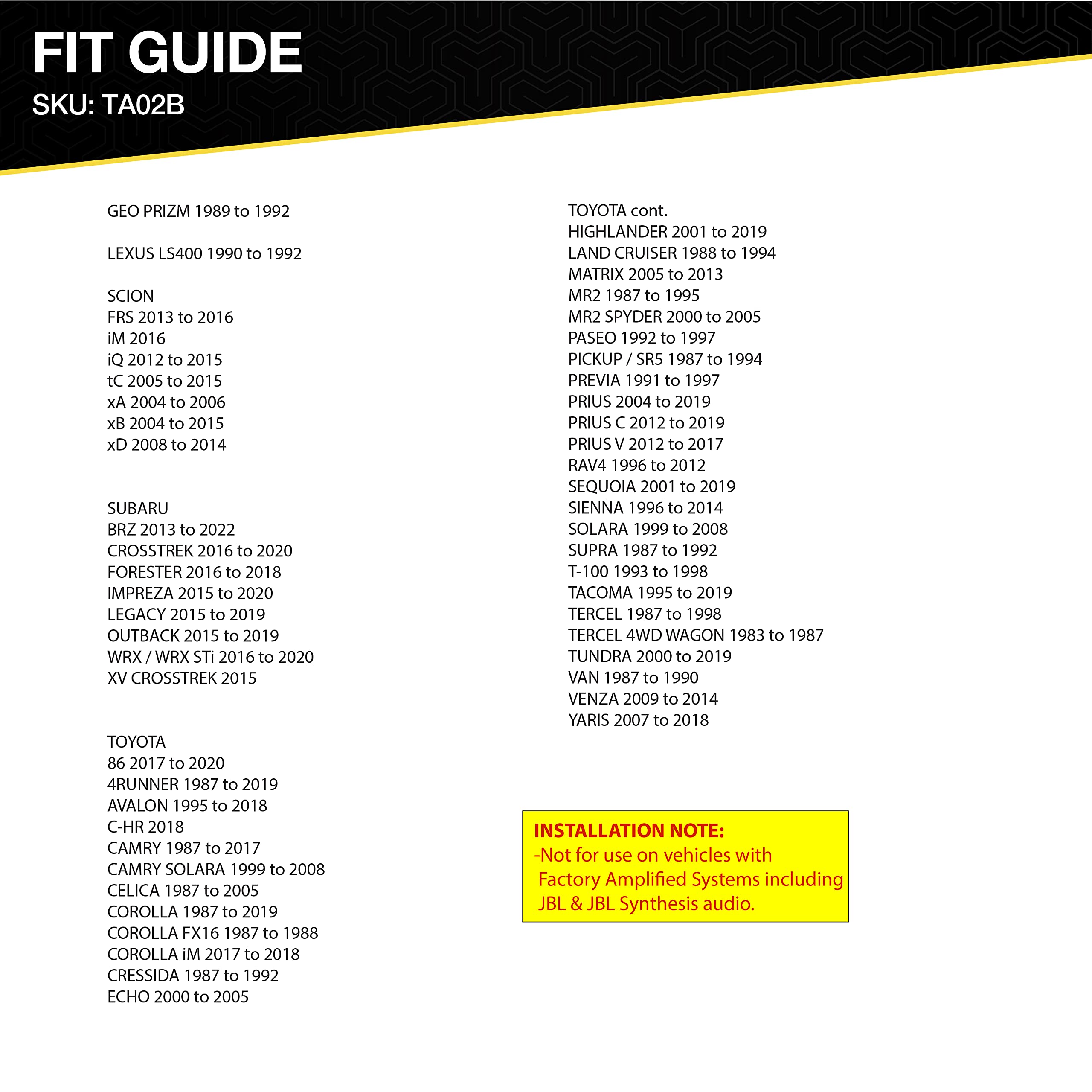 Scosche TA02B Stereo Wiring Harness Compatible with Select 1986 20 Toyota, Lexus, Scion and Subaru Vehicles   Aftermarket Radio Wire Harness for Car Stereo . Check Vehicle List Below for Your Model