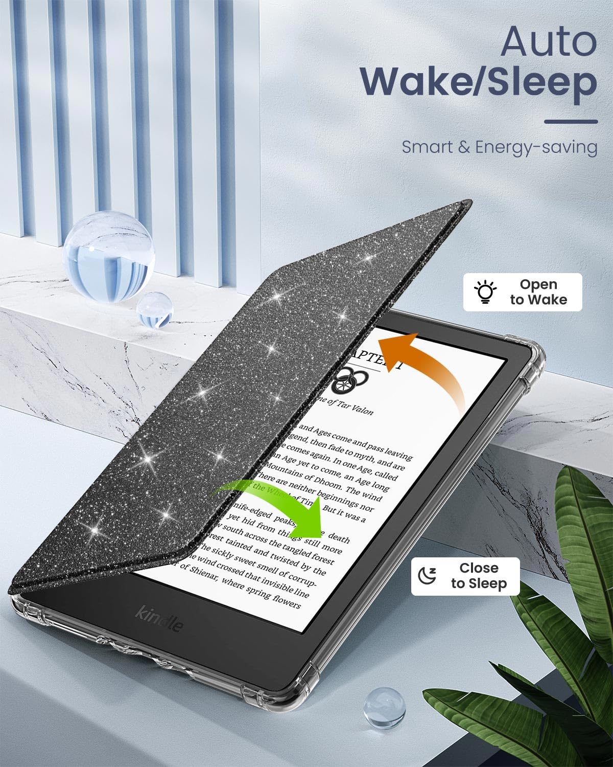 MoKo Case for 6' All New Kindle (11th Generation 2024/2022 Release), Ultra Clear Soft Flexible Transparent TPU Back Cover with Auto Wake/Sleep for Kindle 11th Generation 2024, Black & Glitter