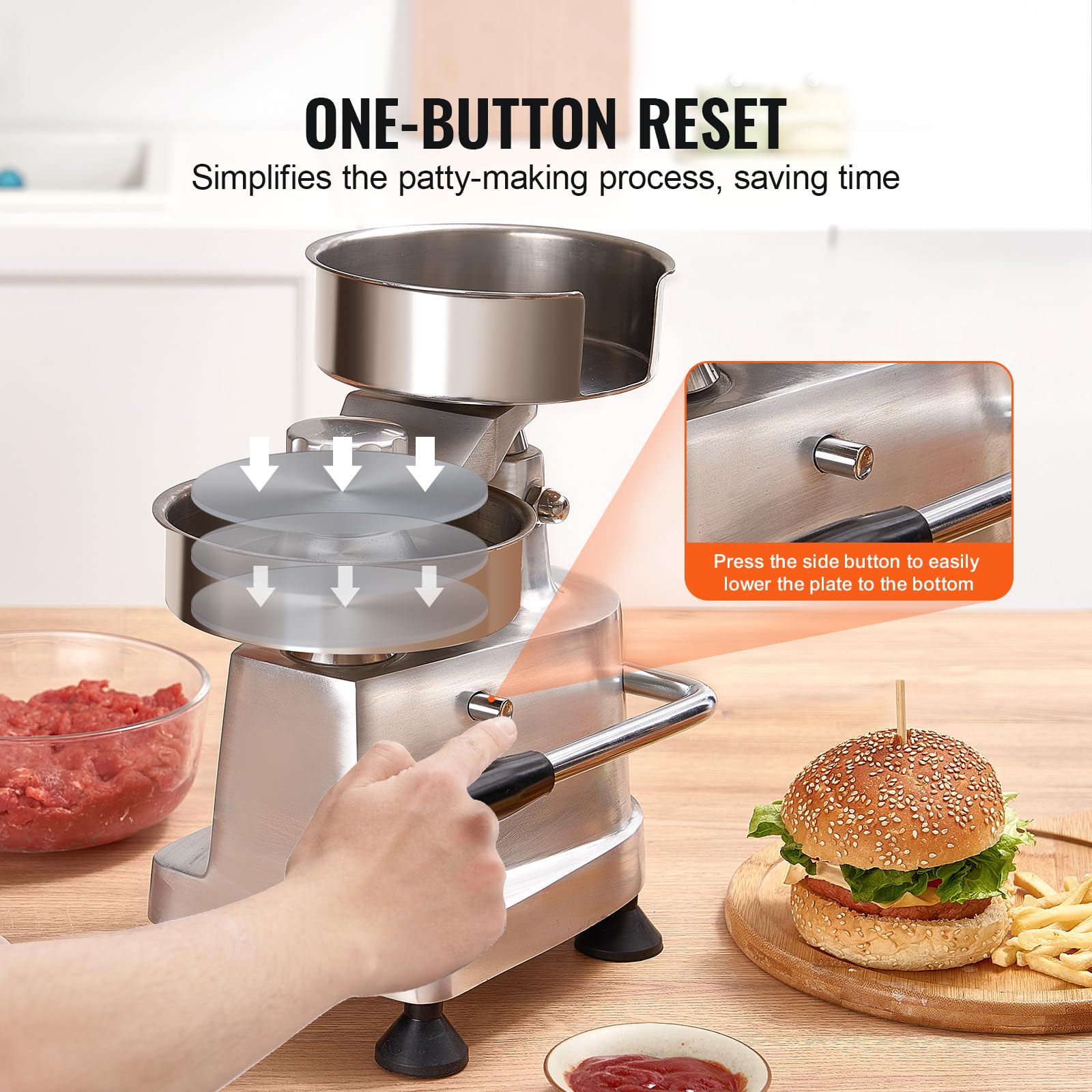 Vevor Commercial Burger Patty Maker, Hamburger Beef Patty Maker With 3 Convertible Mold(4/5/6 Inch), Heavy Duty Stainless Steel