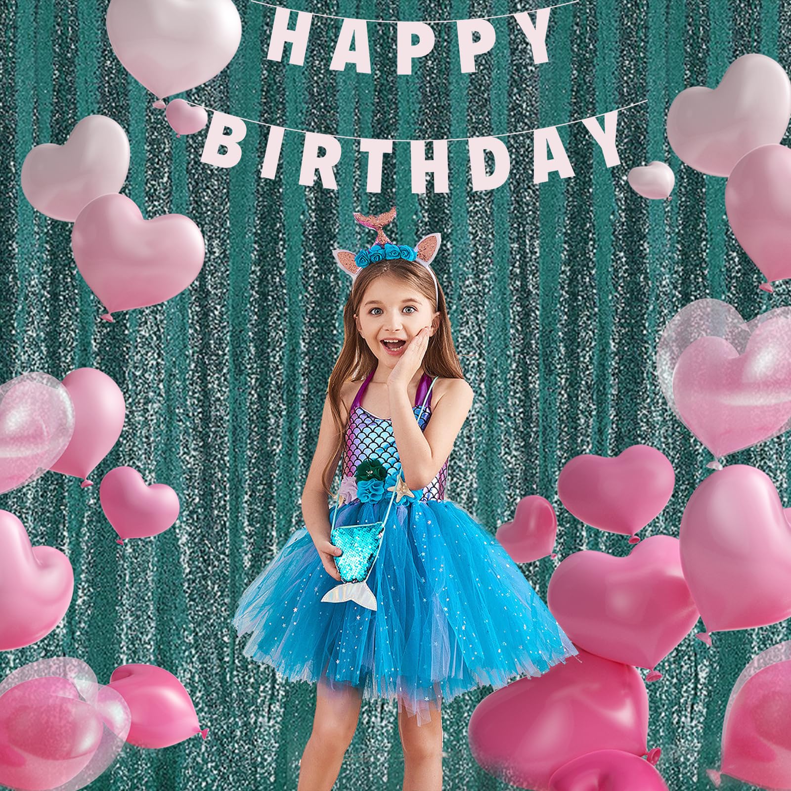 2  8Ft 2Pcs Hunter Green Sequin Backdrop Curtains Panels, Christmas Green Photography Backdrop Glitter Curtains Fabric Backgroun