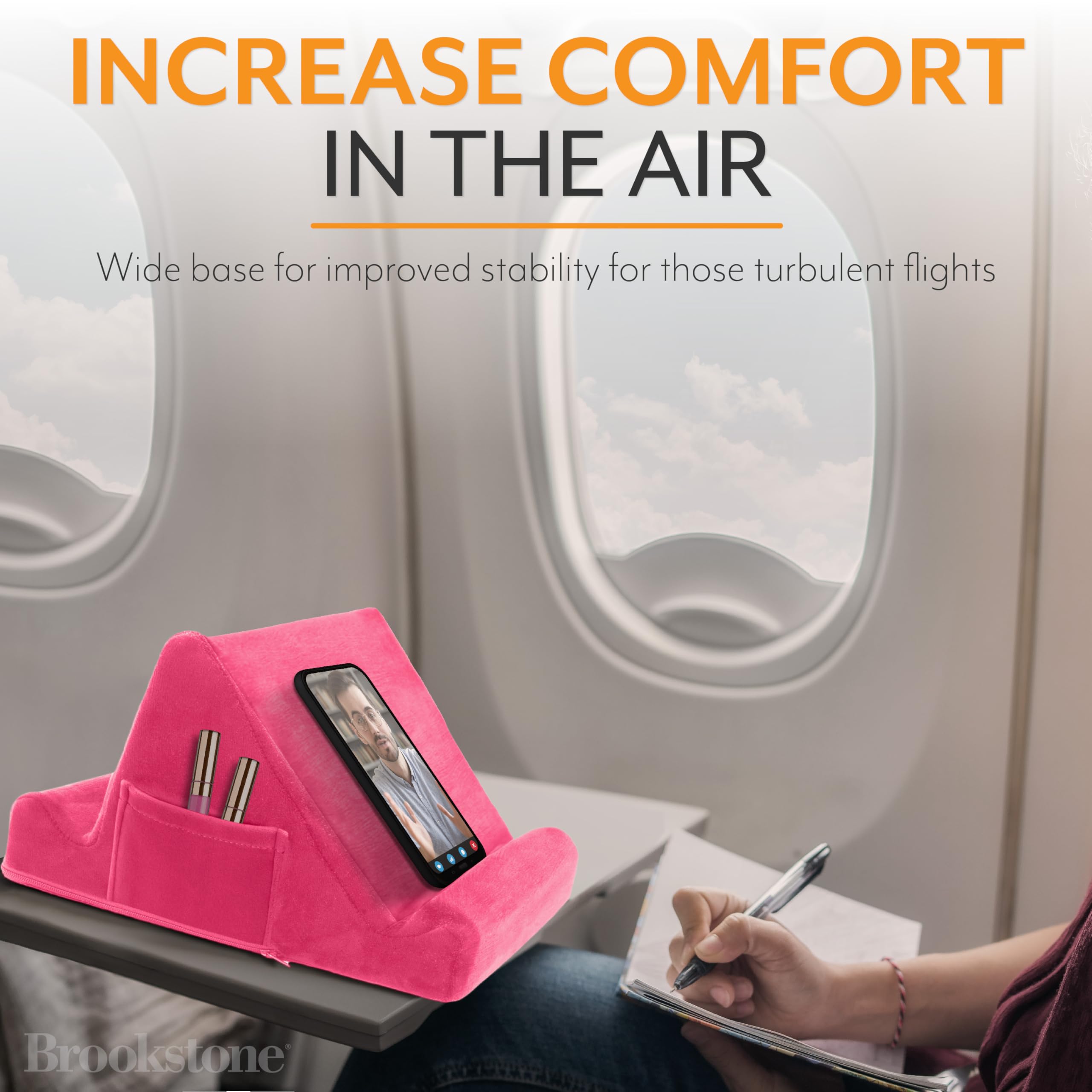 Brookstone, Memory Foam Lap Desk Tablet Holder, Holds Phones, Ipads, E Book Readers, 2 Viewing Angles, 2 Side Pockets For Accessories, Book Holder Cushion, Perfect For Home, Car Travel, Flights, Pink
